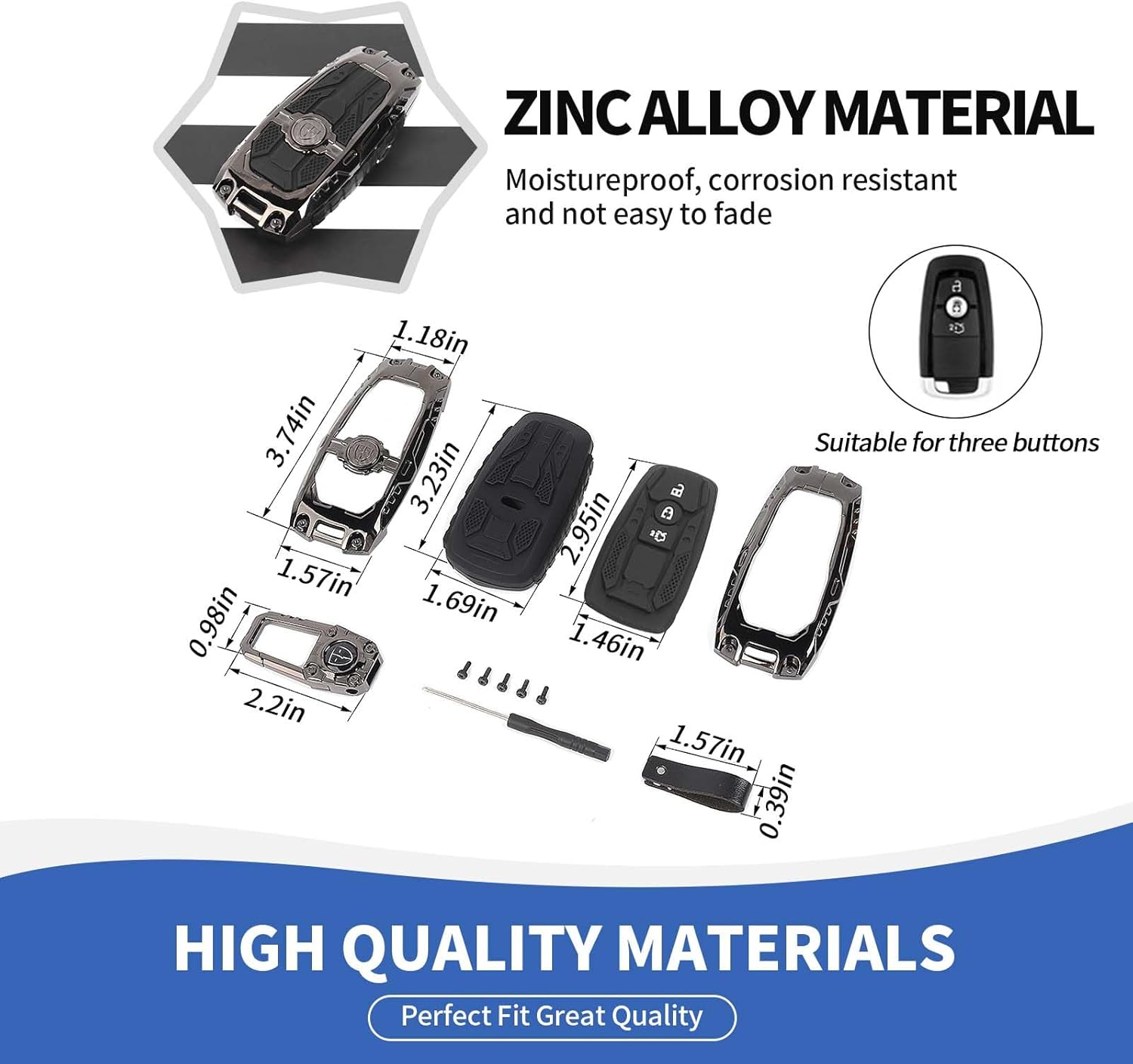 RAZPOY for Ford Key Fob Cover, 3-Button Heavy Zinc Alloy Key Case Shell Holder Keychain Compatible with Ford Bronco/Bronco Sport, for Mustang Explorer Escape F150 F250 F350