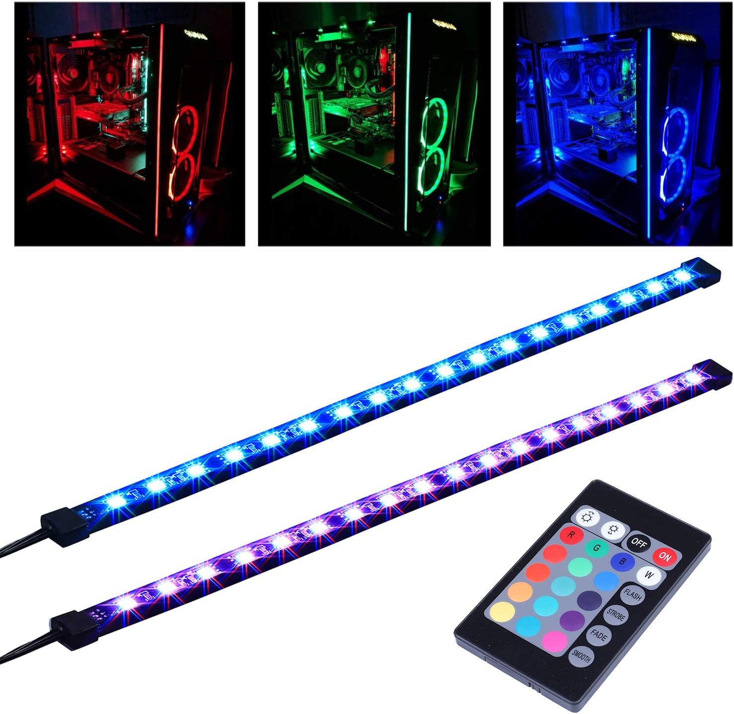 Ubanner DS-R01 Full Kit RGB LED Strip Computer Lighting via Magnet with 24 key Remote Controller for Desktop Computer Case Mid Tower Full Tower (5050 SMD 2pcs 18leds 30cm R Series