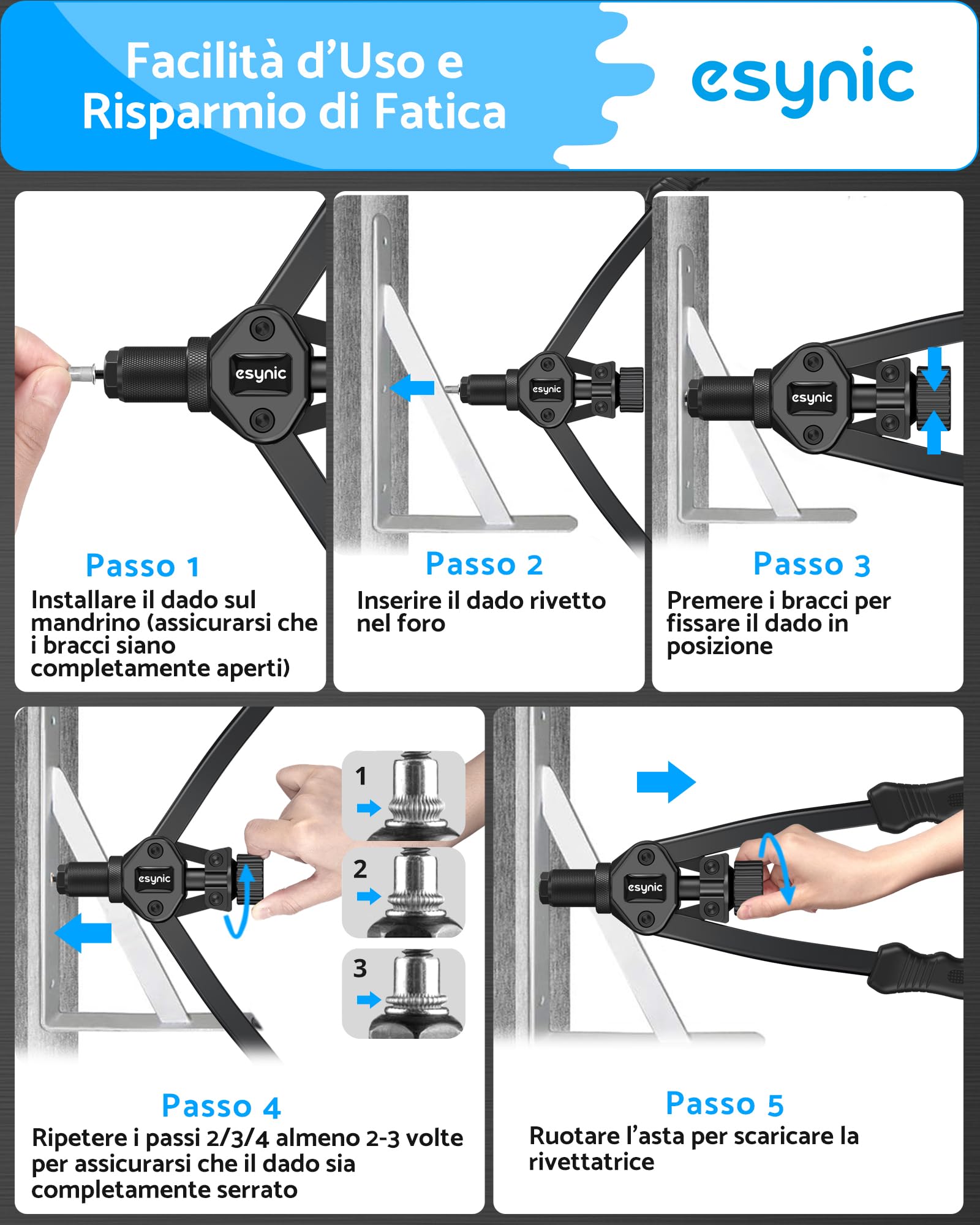 eSynic 13" Pistola per Rivetti Manuale con Manico Ergonomico, 7 Mandrini Intercambiabili M3 M4 M5 M6 M8 M10 M12, 100 Dadi e Valigetta, Rivettatrice per Assemblaggio Riparazioni Manutenzione - Nero