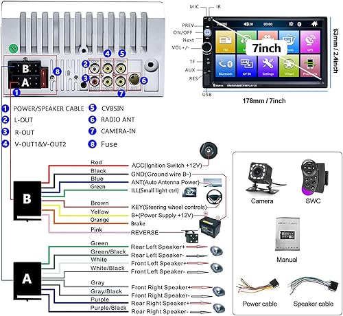 Vista 14 de Estéreo de coche doble DIN con Apple Carplay y Android Auto, 7 pulgadas 1080P pantalla táctil reproductor multimedia con radio FM, Bluetooth, espejo