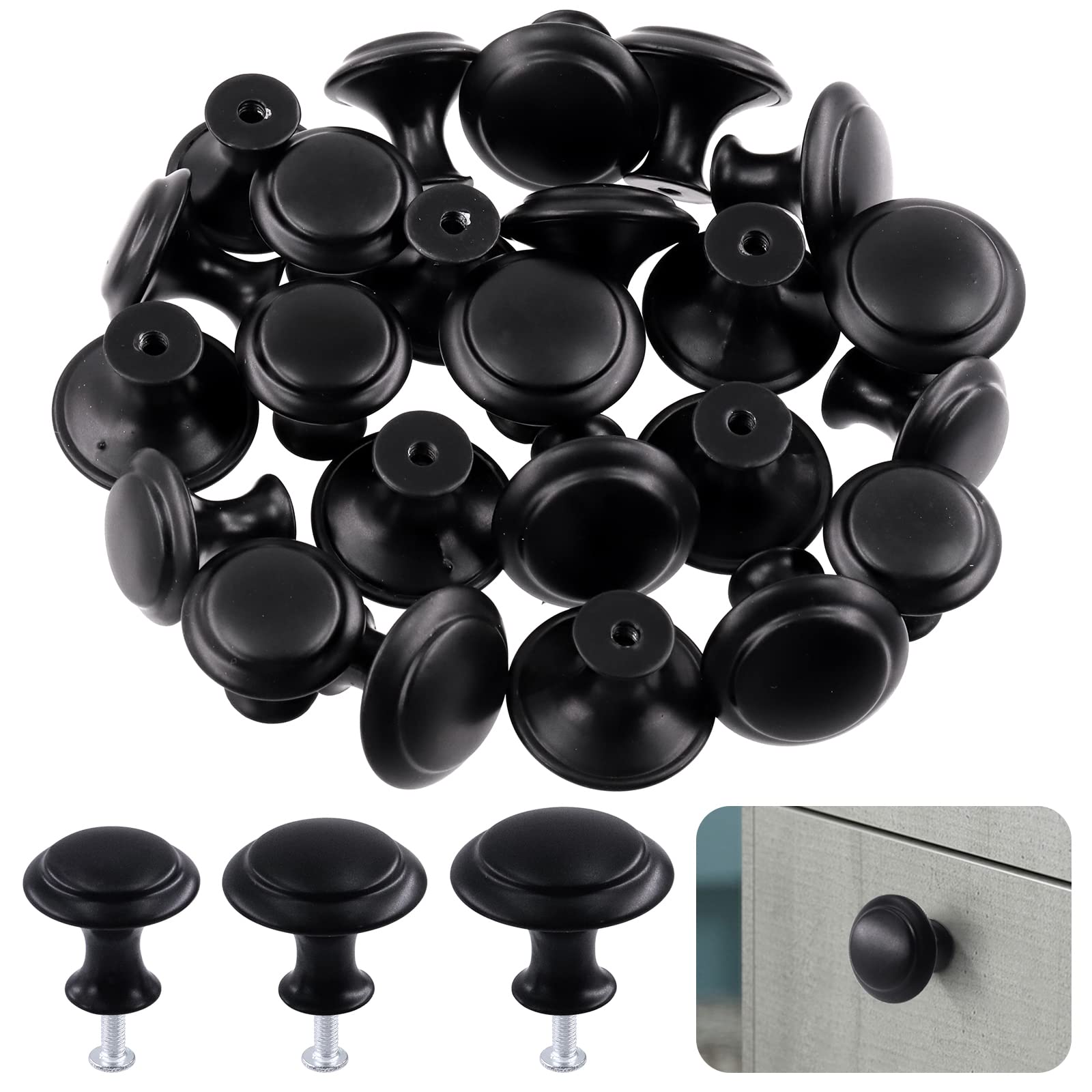 Wokape 30 Pack Matte Stainless Steel Black Round Kitchen Cabinet Knobs Kit