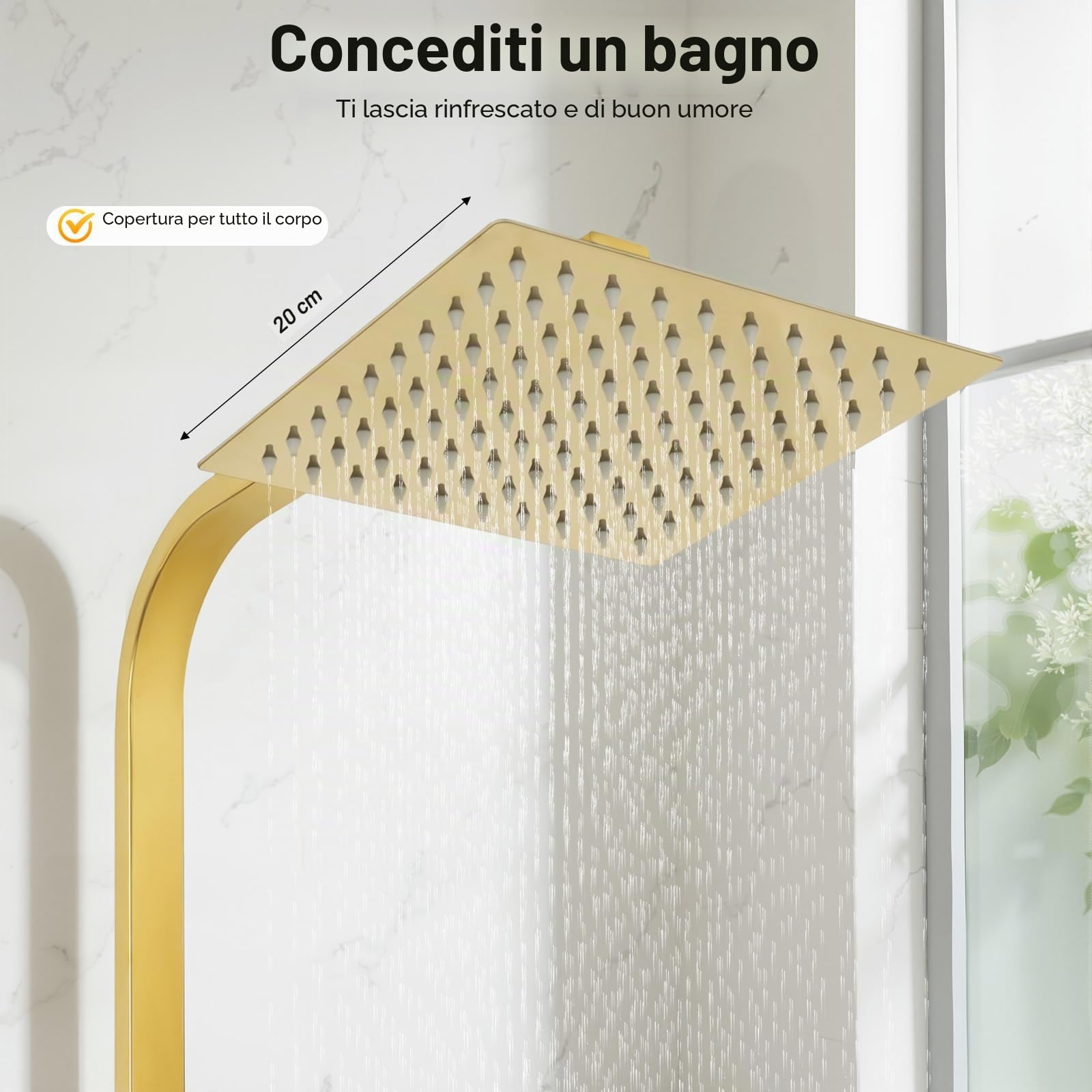 Sistema doccia in acciaio inossidabile - Doccia effetto pioggia - Con doccetta dorata - Colonna doccia regolabile in altezza - Per casa e hotel