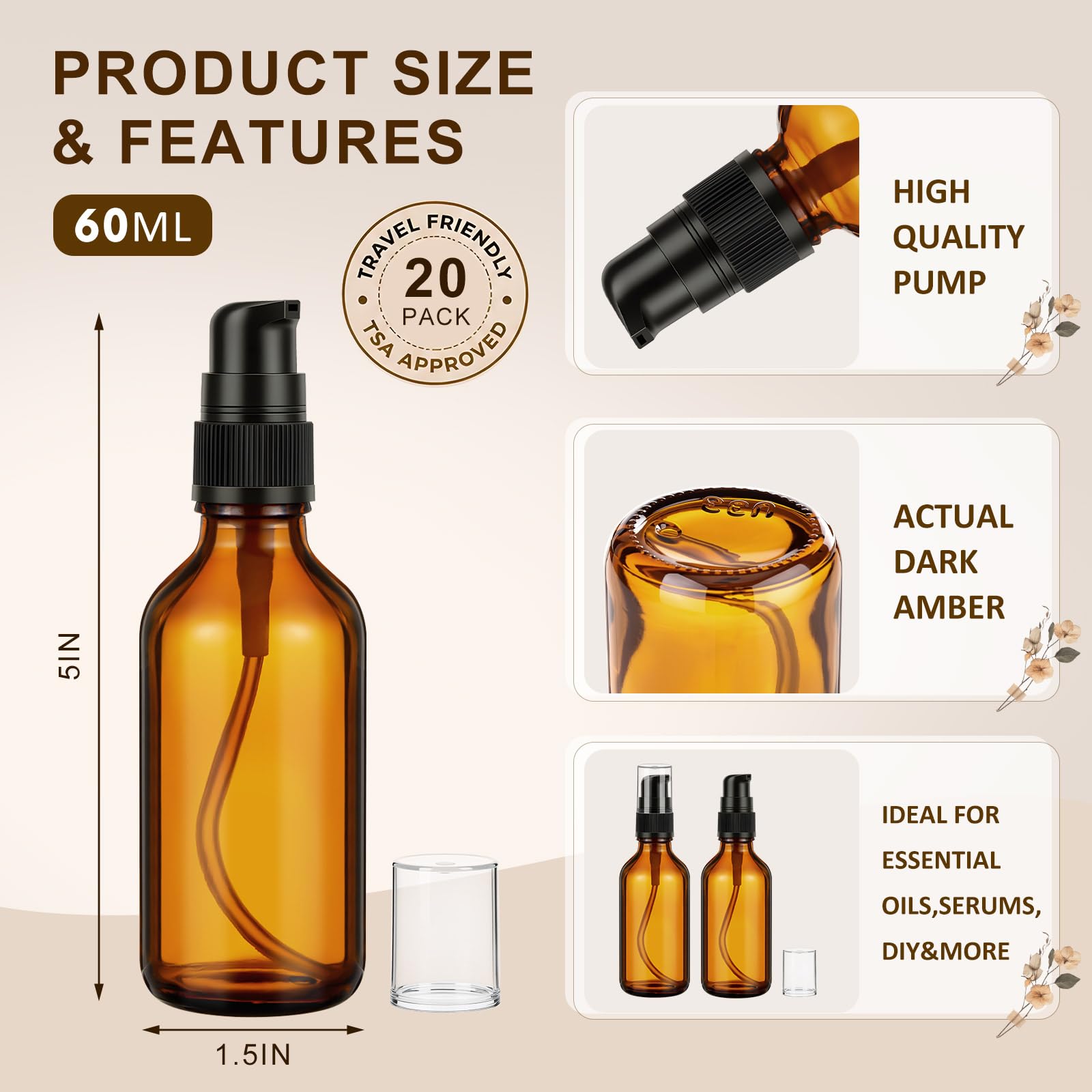 Roshtia Lot de 20 flacons à pompe en verre ambré de 60 ml avec pompe noire pour voyage