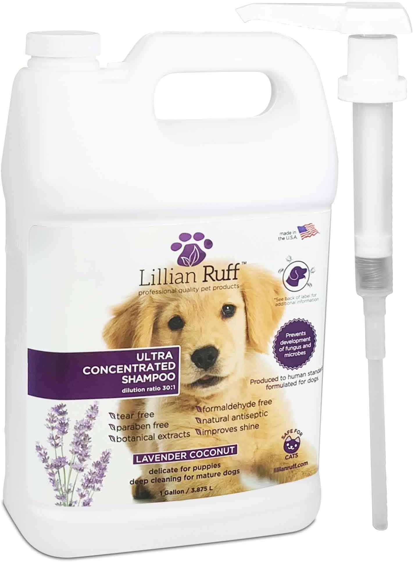 Lillian Ruff Professional Dog Shampoo with Dispenser Pump โ Concentrated Dog Shampoo with Aloe โ Tear Free Lavender Coconut Scent โ Soothe & Cleanse Normal to Dry Itchy Sensitive Skin - Made in USA