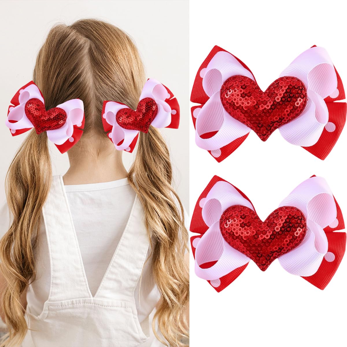 2PCS Valentine Hair Clips Red Glitters Heart Headwear Sequin Alligator Hair Barrettes Hair Pins for Girls Toddlers Teens Wedding Birthday Party Hair