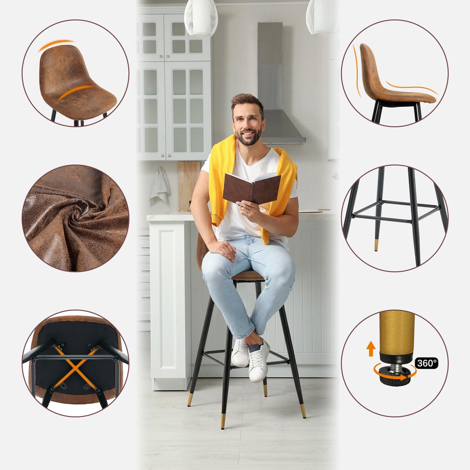 Meuble Cosy Lot de 2 Tabouret de Bar Rétro Vintage avec Dossier et Repose-Pieds, Siège Rembourrés de 76 cm de Haut, Style Industriel, Chaises Hautes en suédine Marron, Pieds en Métal Noir et Or