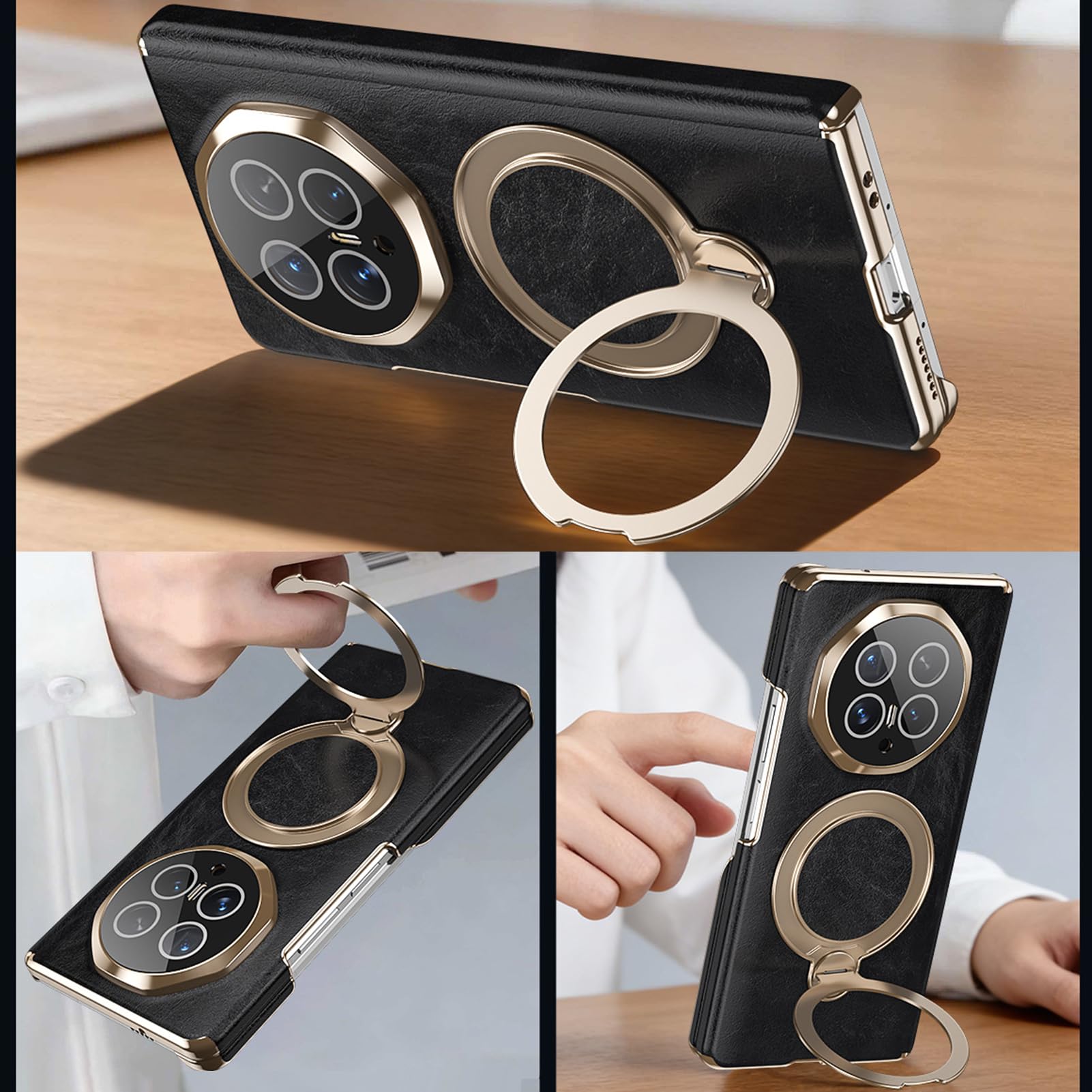Magnetyczne etui do Honor Magic V6, tekstura oleju i wosku, skórzane etui na zawiasy, regulowany stojak, powłoka ochronna aparatu, czarna, V6
