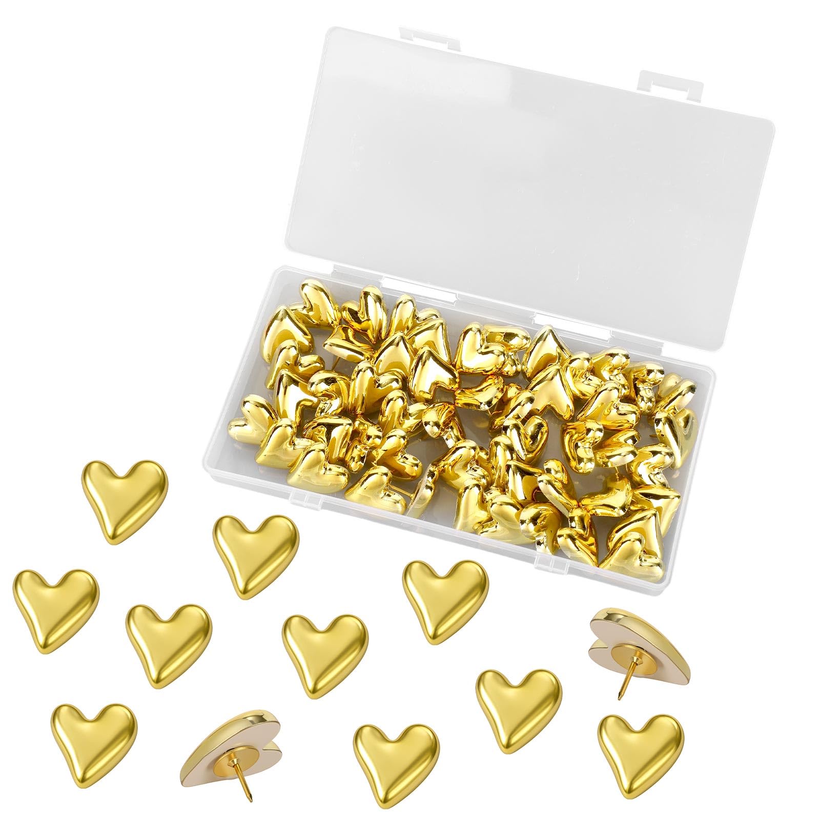 50pcs Heart Push Pins, Decorative Cute Thumb Tacks for Cork Board Bulletin Board Drawing Wall Home Office Posters Photos Postcards Maps Fixing Hanging Pictures (Gold)