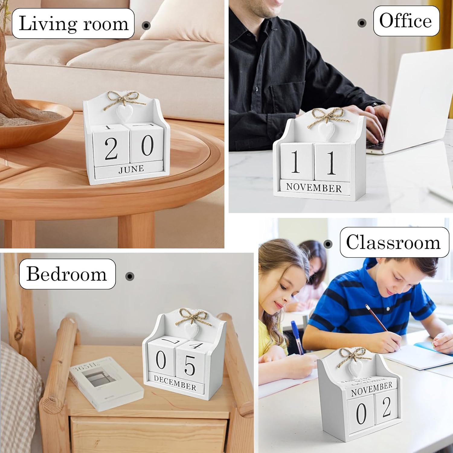 Rustic Wooden Desk Calendar - Adjustable Perpetual Cube (5.7x5.9in), White European-Style for Home Office Decor, Photography Prop