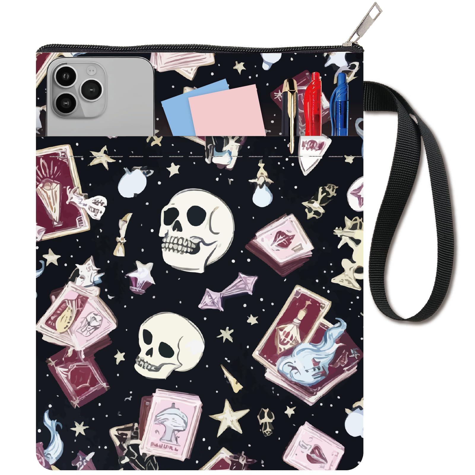 CRASPIRE 11 x 8.6 Inch Book Cover Sleeve Skull Skeleton Card Angel Stars Cloth Washable Notebook Paperback Protector Bag Zipper Extra with Pocket for Book Lover Classmate Gift Bookworm Librarian