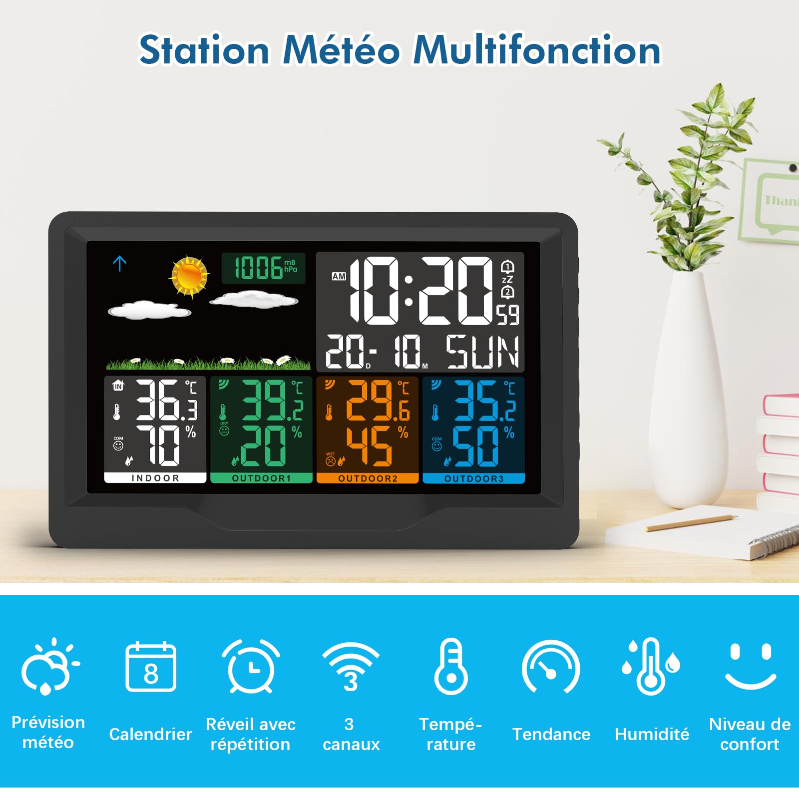 Station Meteo Interieur Exterieur Sans Fil avec 3 Capteurs, Écran Couleur, Station Météo avec Baromètres, Prévisions Météorologiques, Thermomètre Hygromètre, Affichage Température et Humidité, Réveil