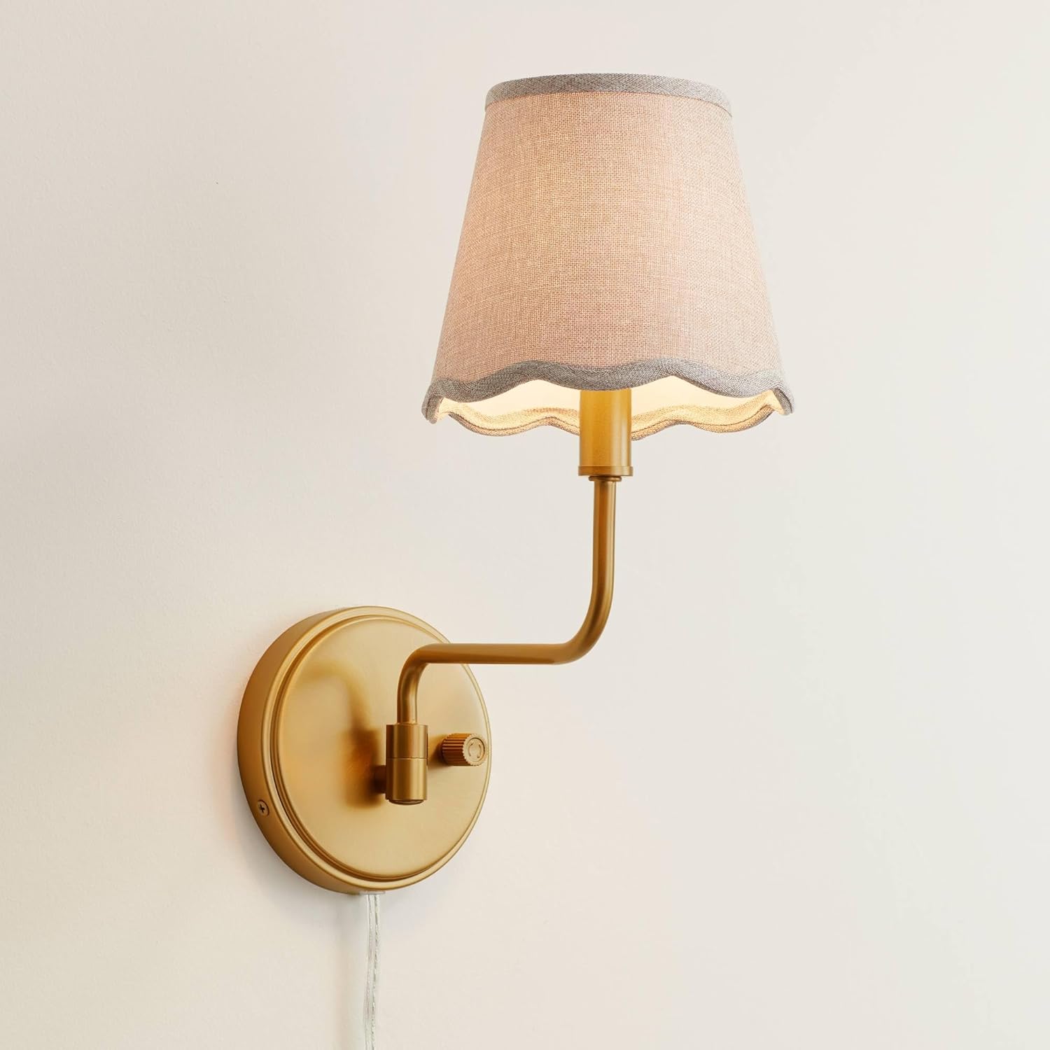 Possini Euro Design Emma 9 1/2" H Warm Brass Plug-in Cottage Core Wall Sconce Fawn Beige Scallop Shade
