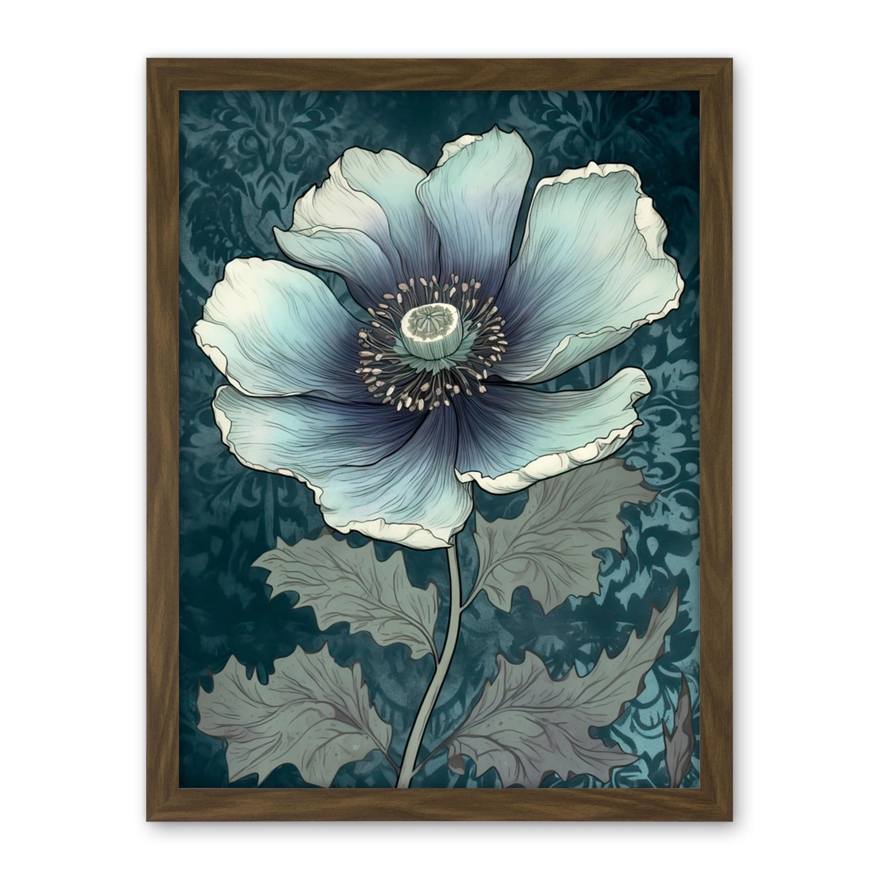 Artery8 Anemone Flower Bloom Teal Blue Watercolour Artwork Framed Wall Art Print 18X24 Inch