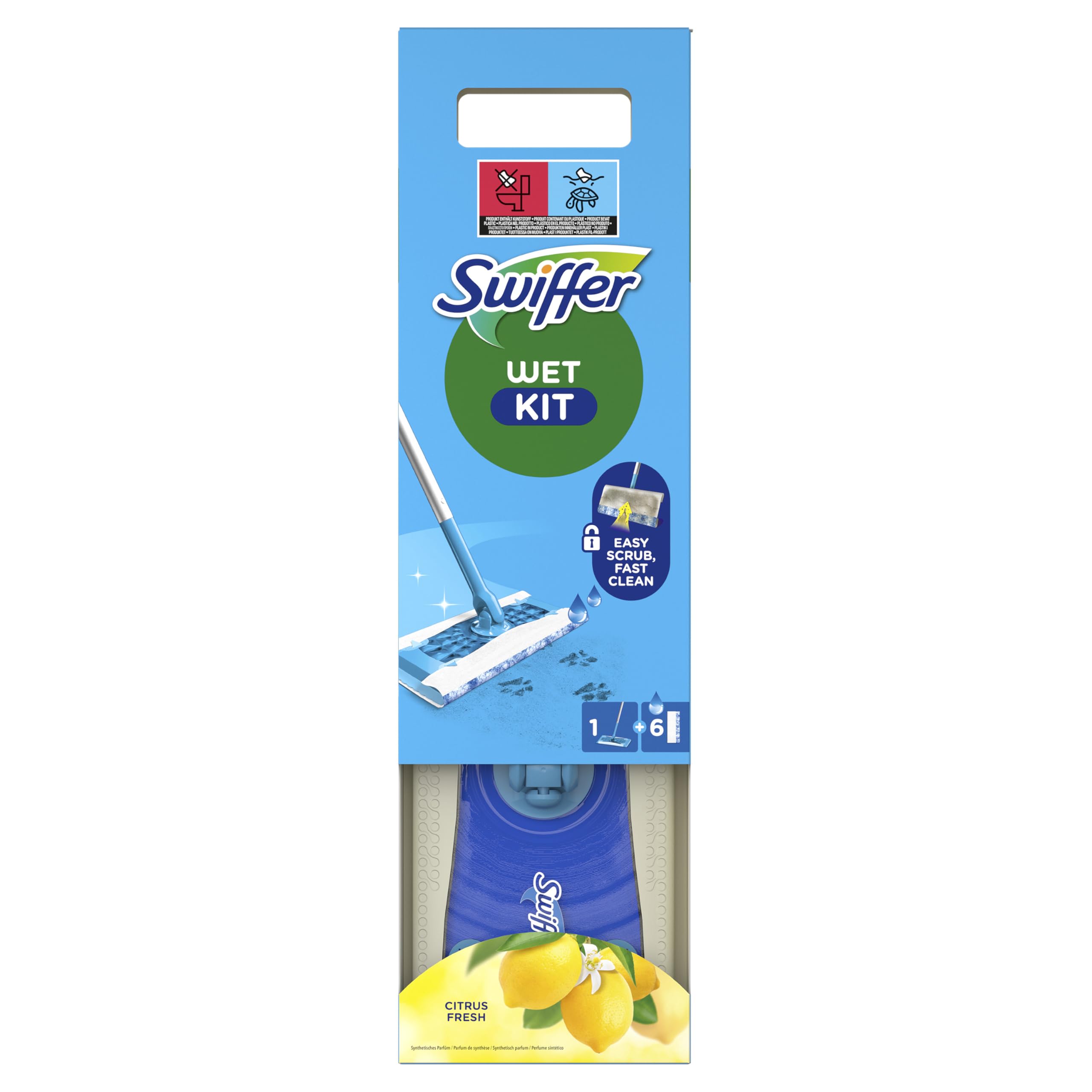 Swiffer Bodenwischer Wet Mop Starter-Set Zur Reinigung Von Böden Mit Schrubbwirkung, Enthält: 1 Bodenwischer, 6 Feuchte Bodentücher