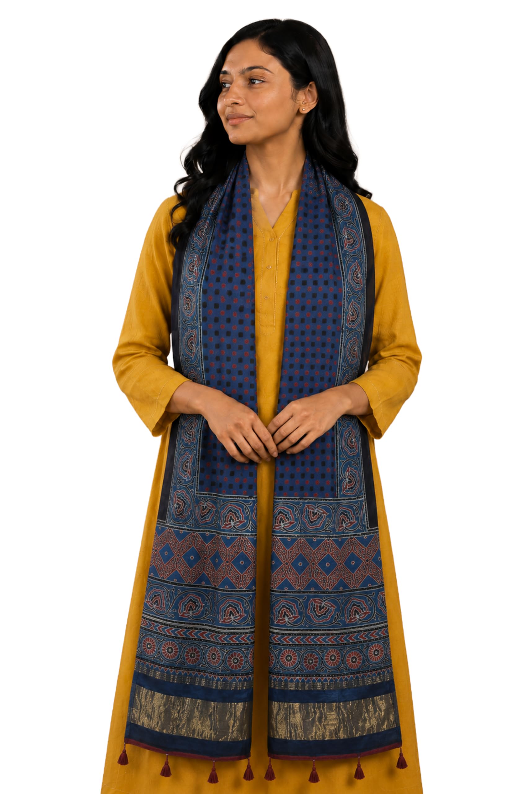 Womens Ajrakh Modal Silk Natural Dye Hand Block Print Stole with Golden Border - with Tassels - 2.6 Mtr Length-image-49