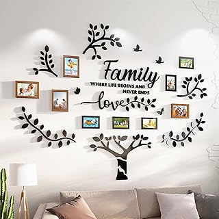 Family Tree Picture Frame Wall Decor - Wooden Photo Frame & Acrylic Sticker - DIY Family Tree Multiple 4x6 5x7 Black Picture Frames Collage Wall Decor for Living Room Gallery Hallway