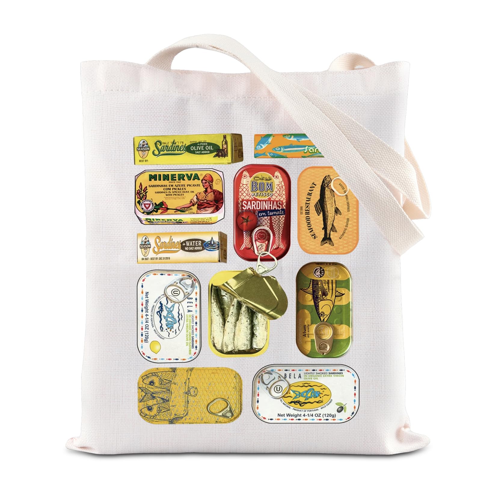 KUIYAI Sardines Canned Tote Bag Sardines Lover Canvas Bag Tinned Fish Gift Portuguese Sardine Gift Italian Food Gift Seafood Gift (SardinesCanTS)