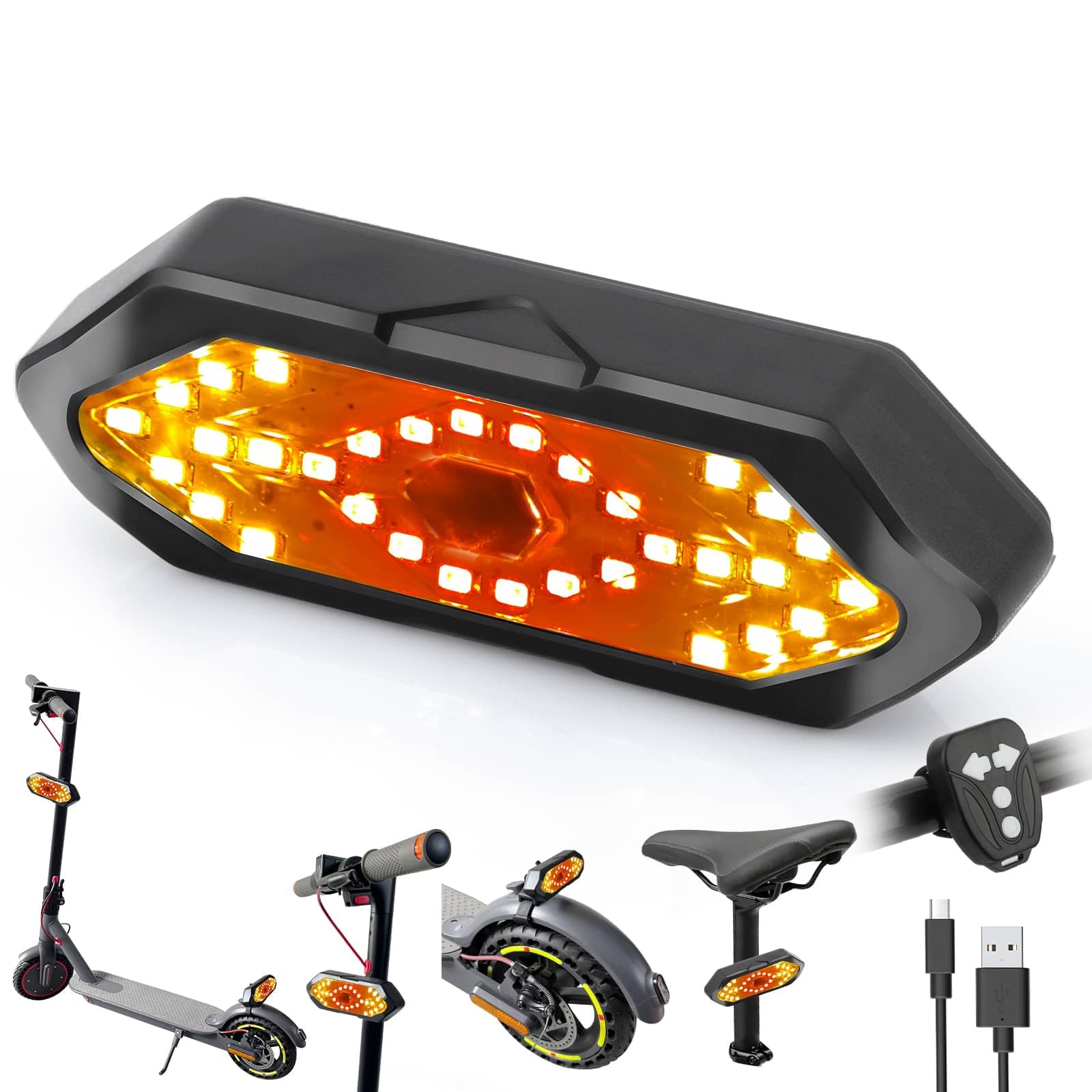 YINUOHUA E Scooter Indicator, Bike Turn Signal with USB Remote Control Rechargeable 180°Adjustable Rear Light Compatible with MaxG30/Ninebot Series Ultra Bright Warning Light Scooter Accessories