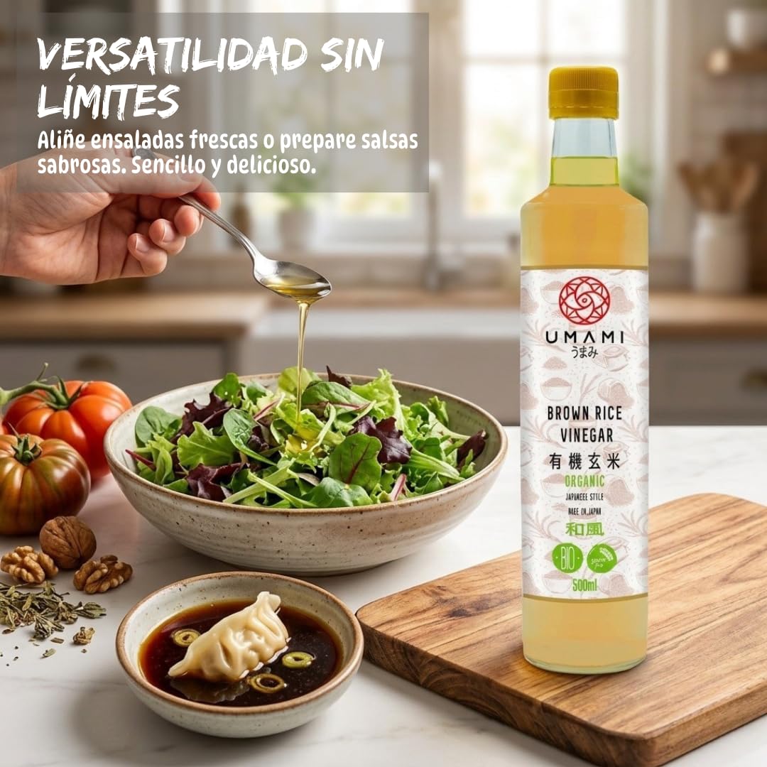 Umami Vinagre de Arroz Integral BIO 500ml - Fabricado en Japón - Fermentación Natural - Ideal para Sushi, Macrobiótica y Aliños - Metodo Premium