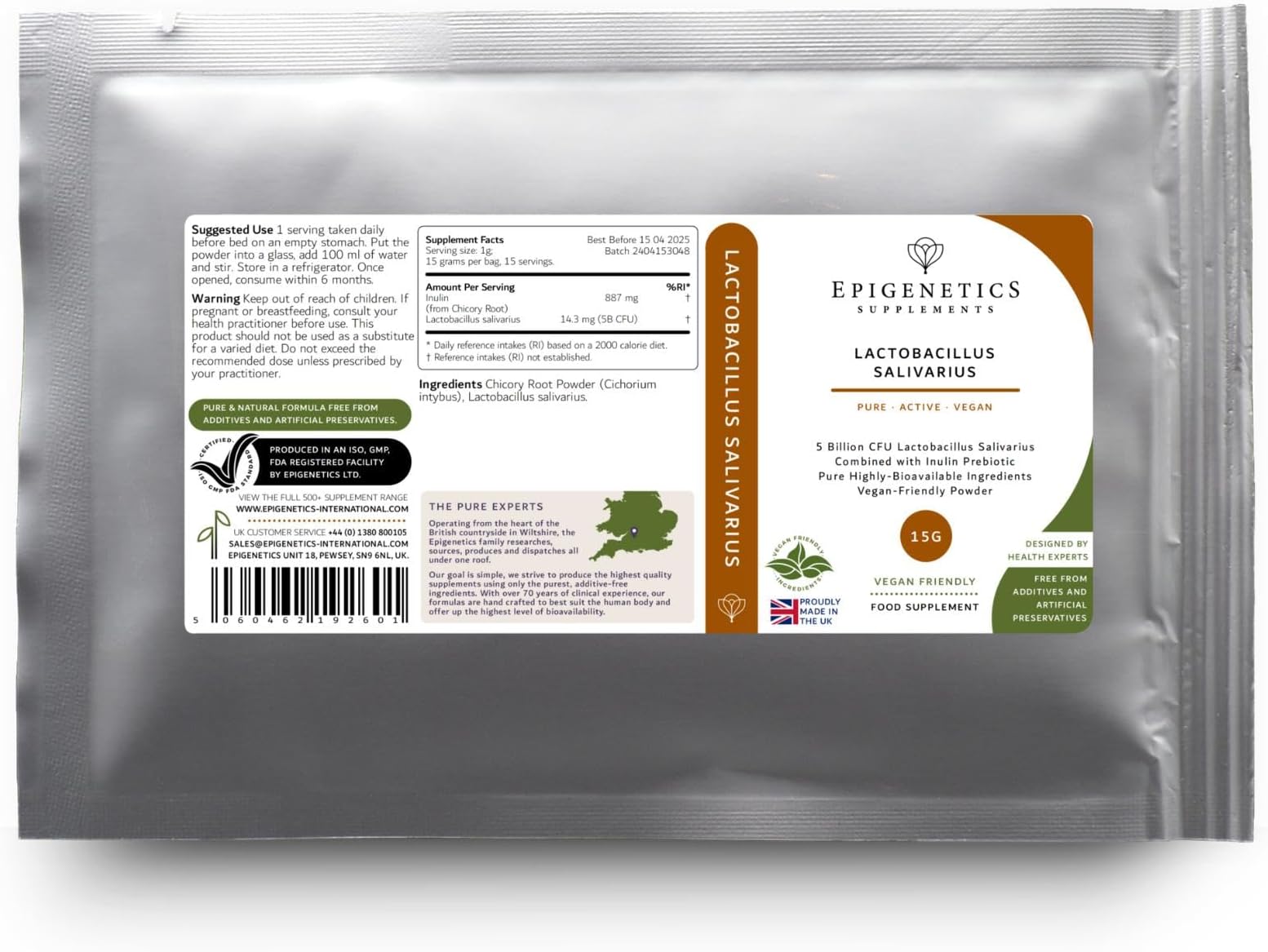Lactobacillus Salivarius 15g | 5 Billion CFU Probiotic + Chicory Root Prebiotic (Inulin) | Vegan Friendly Powder for Gut Health | UK Made | 1g Daily (15 Servings)
