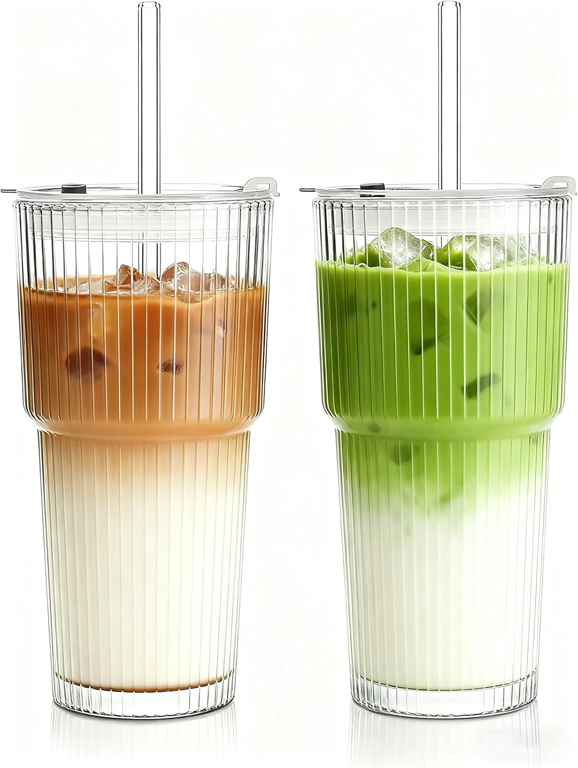 Haundry 20oz Ribbed Glass Cups with Lids and Straws, 2 Pack Iced Coffee Cups with Lids, Leak-Resistant Glass Tumblers, Reusable Coffee Cups for Iced Coffee, Matcha, Smoothies, Juice