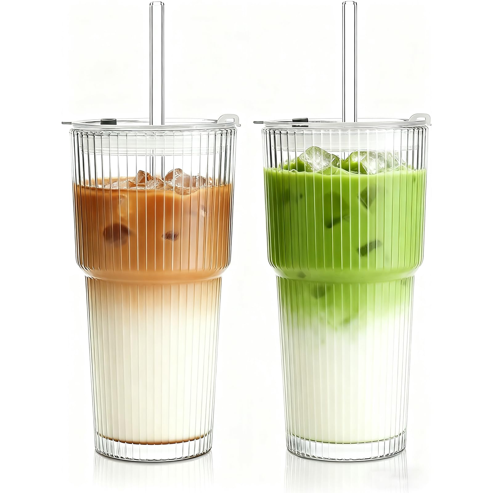 VITEVER Juego de 2 vasos de cristal acanalados de 600 ml con tapa y pajita, vasos de café helado, juego de vasos largos, vasos para batidos, diseño hermético e impermeable, ideal como café