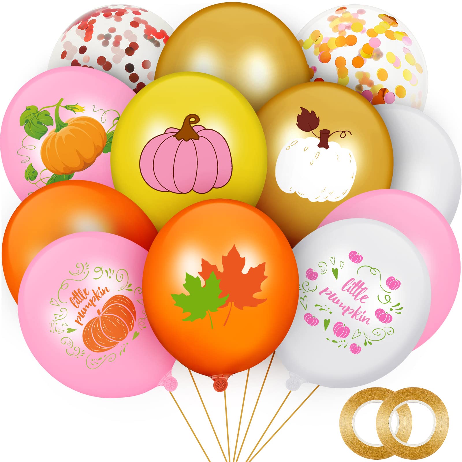 Photo 1 of 60 Pieces Little Pumpkin Party Balloon Fall Autumn Maple Leaf Latex Pink Gold Confetti Balloons Thanksgiving Decorations for Birthday Party Baby Shower Supplies, 12 Styles (Popular Style)