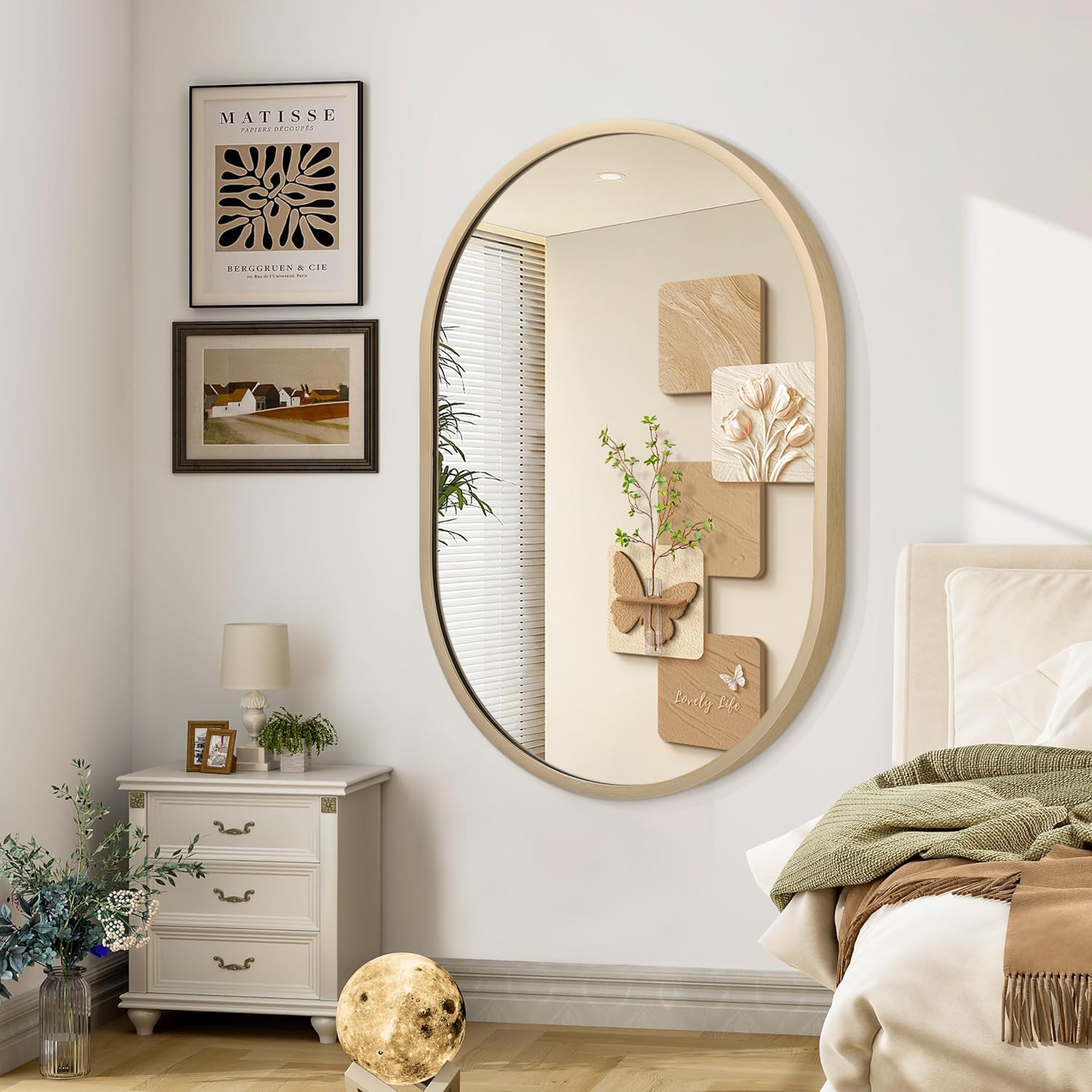 JJUUYOU Oval Wall Mirror with Metal Frame Small Circular Mirror for Bathroom Vanity Mirrors for Wall 90x60 CM Wood Frame Make up Mirrors for Entryway Living Room Bedroom Dorm Decorative Bronze