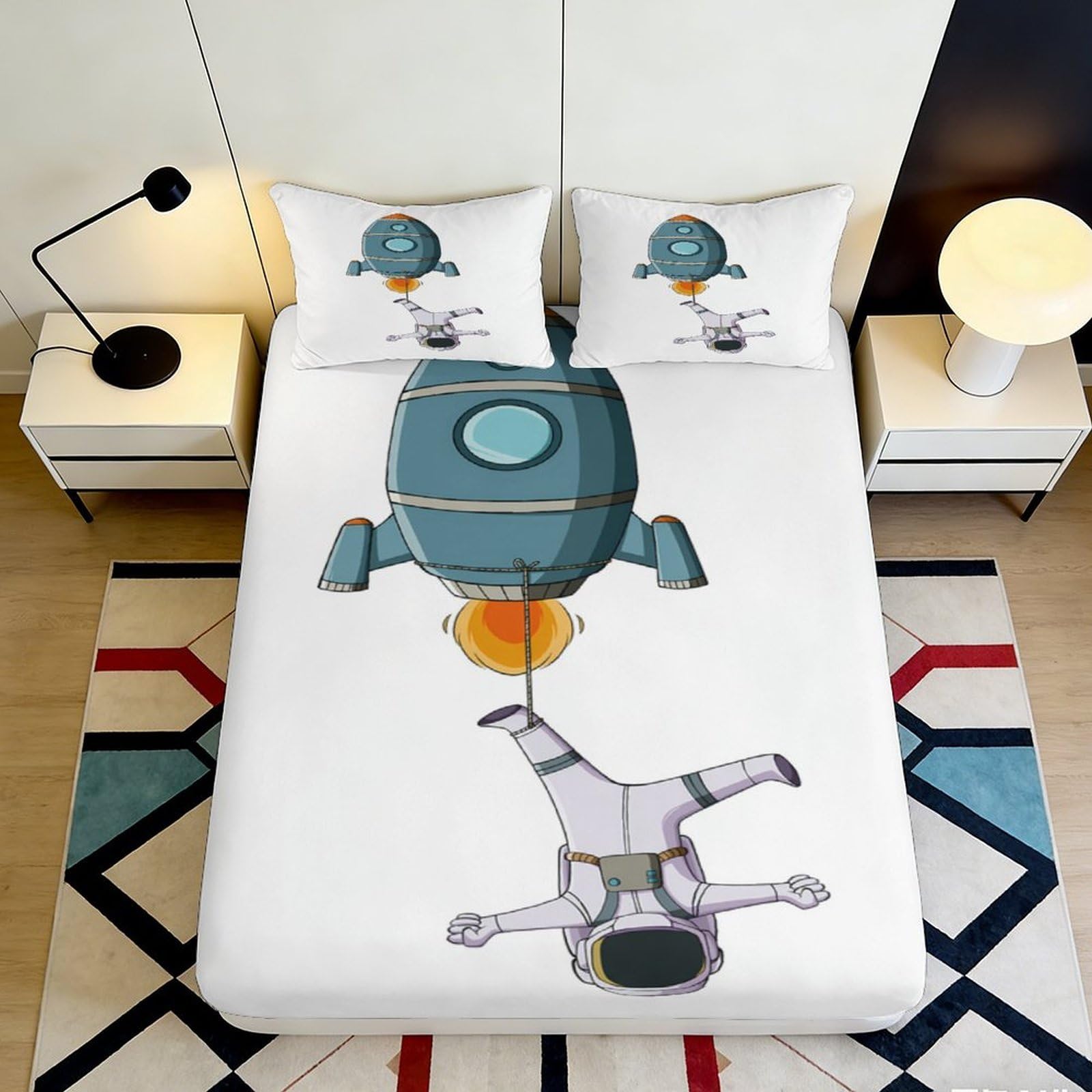 Pnayamiorkfel Style-2 3D Printed Rocket Astronaut Fitted Sheet Microfiber Soft Anti-Slip Bed Cover For Bedroom Guest Room Decor Easy Care 90X200x25cm