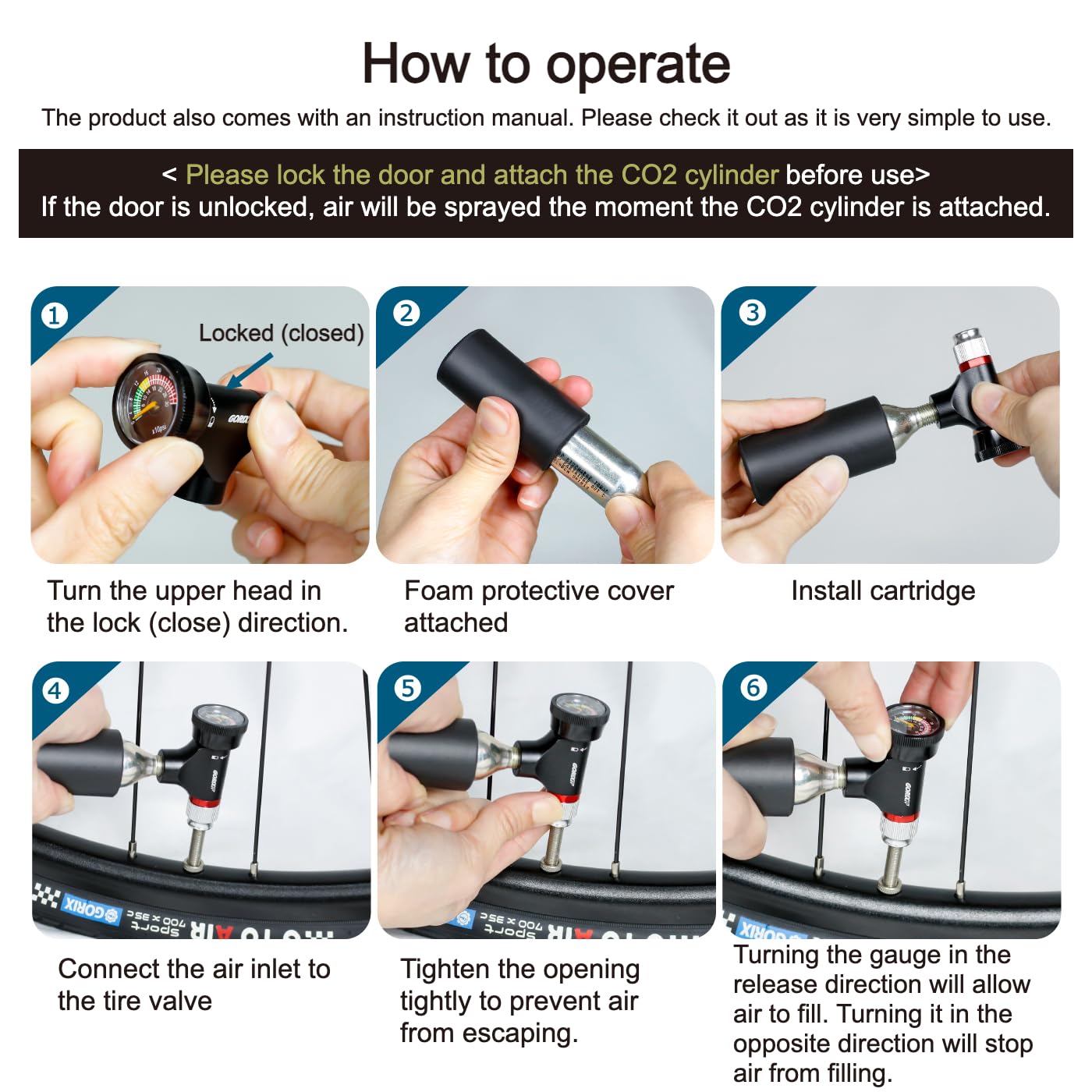 GORIX Tragbare Fahrradpumpe, Fahrradluftpumpe, CO2-Inflator mit Luftdruckmesser, Zylindertyp, CO2-Kopf, Presta Schrader (GX-COHM)