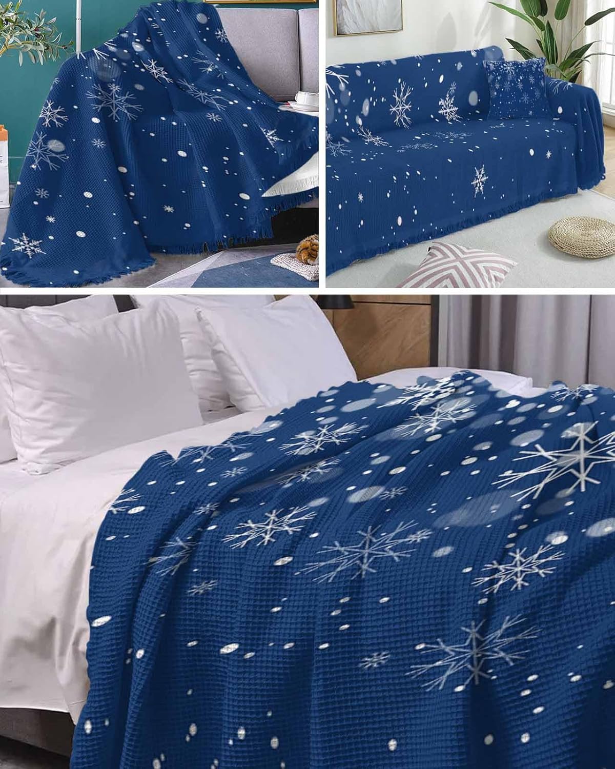 Blue Christmas Snowflake Couch Cover Sofa Covers, Washable Loveseat Covers for 2 Cushion Couch Protector, Dogs Pets Sectional Couch Covers, Winter Xmas Holiday Waffle Sofa Slipcovers - 71" x 150"