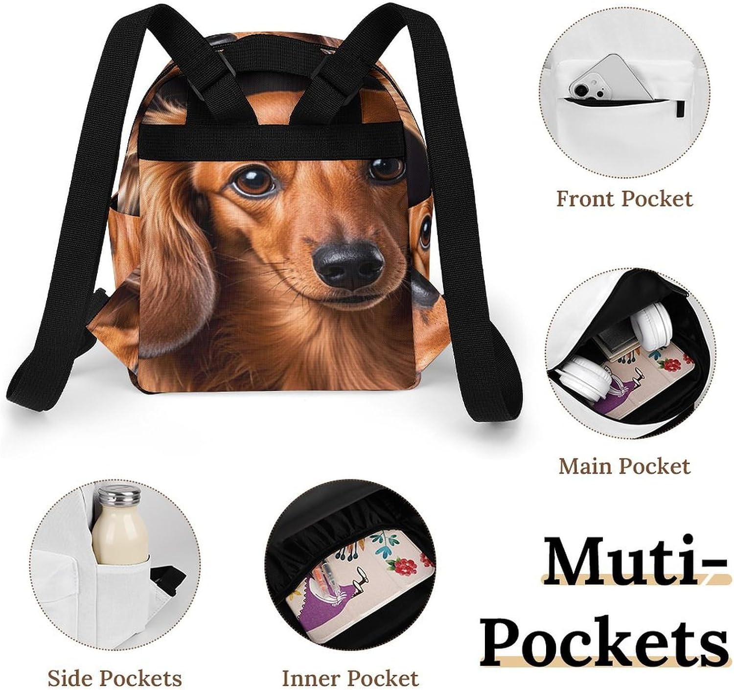 Long Haired Dachshund Mini Backpack Purse for Women | Waterproof durable oxford cloth casual daypack, lightweight small rucksack for work travel outdoor camping daily use & gift