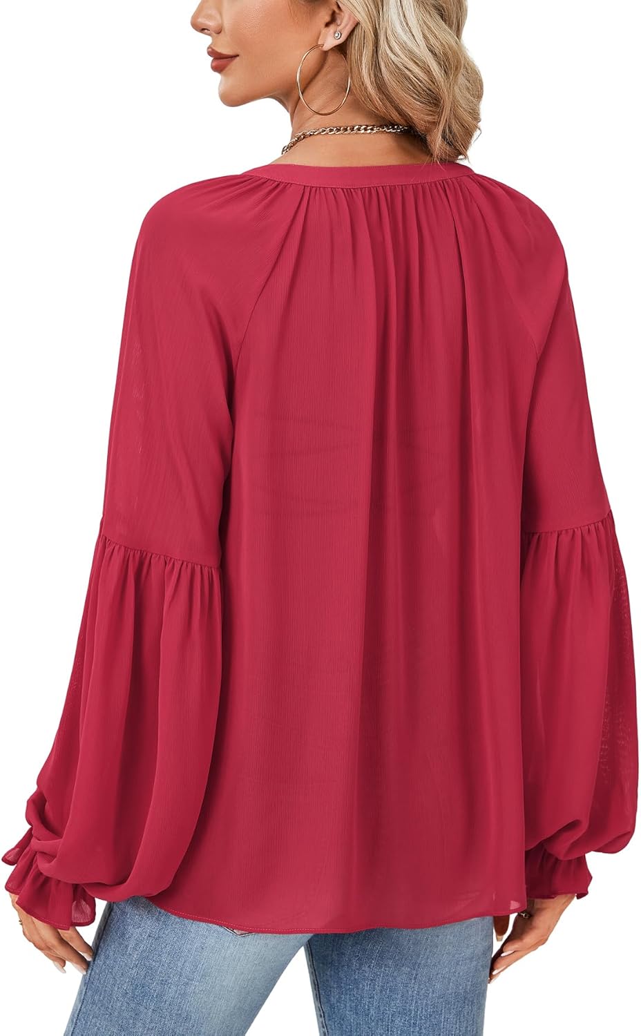 LYANER Women's Loose Casual V Neck Blouse Ruffle Trim Lantern Long Sleeve Shirt Top - Image 5