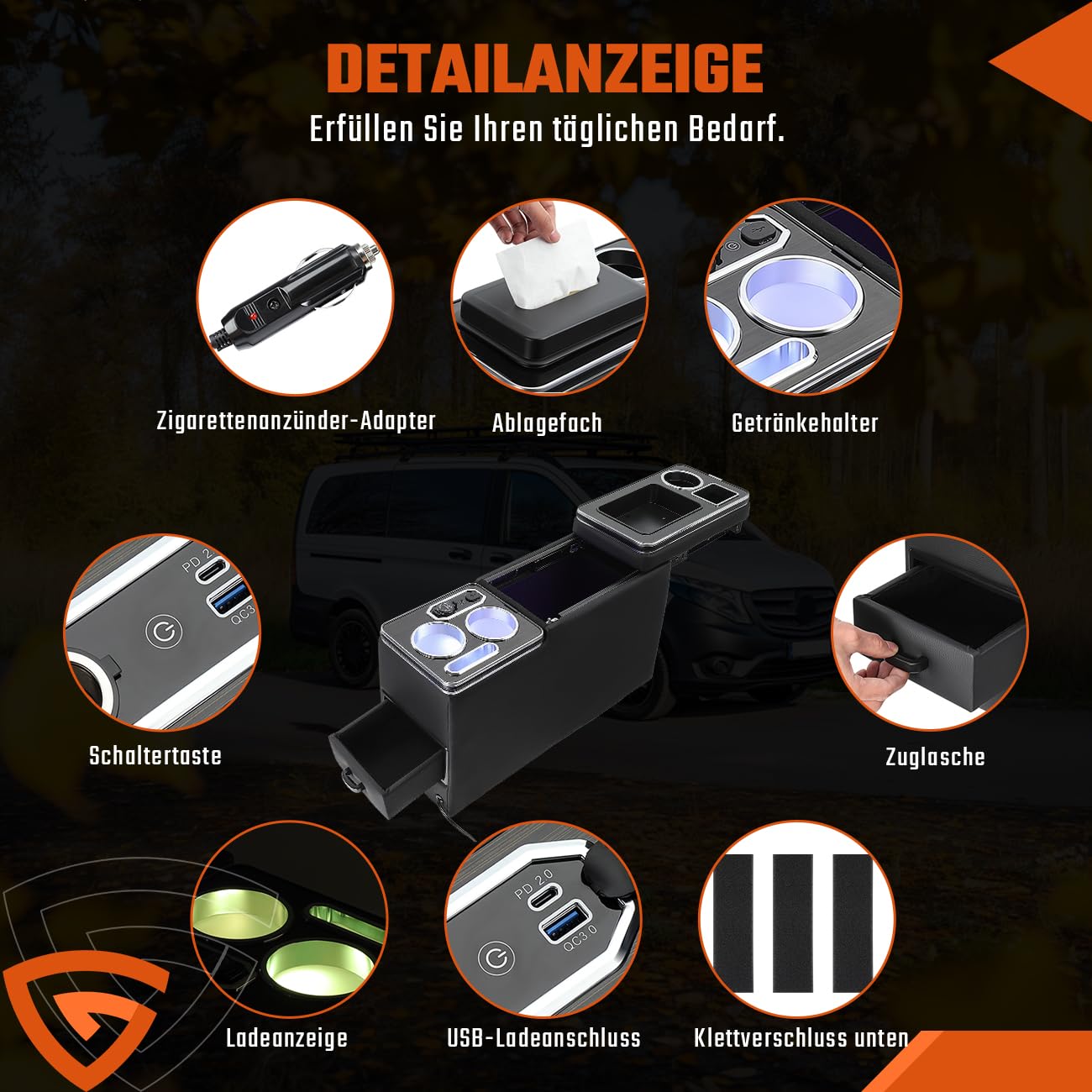 GEARMONSTER Mittelkonsole mit USB Aufladestation und Getränkehalter für VW T4 T5 T6 T6.1 T7 | 7-farbige Ambientebeleuchtung, Schwarzes Kunstleder mit Chrom-Zierleisten, Zigarettenanzünder, Praktischer Taschentuchhalter
