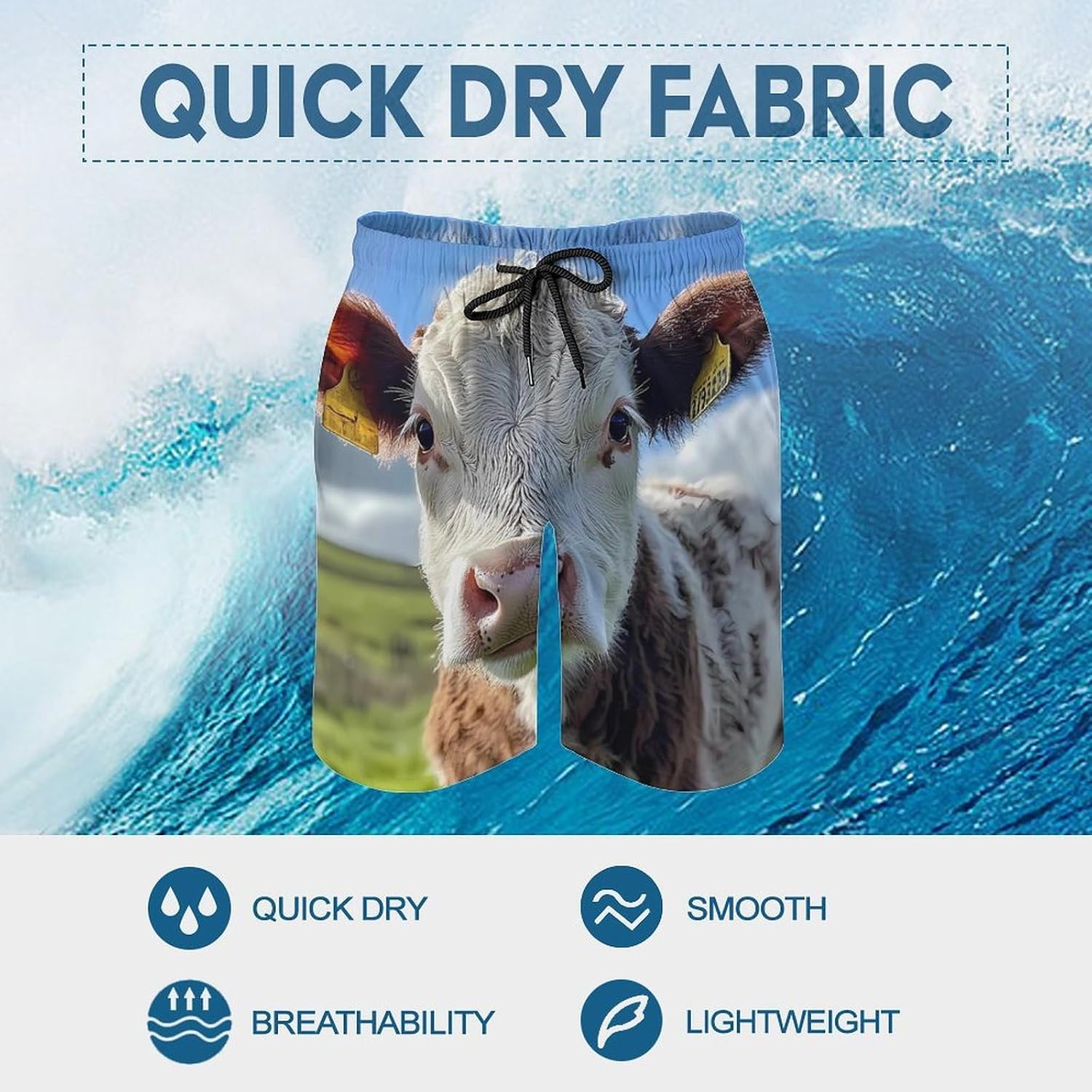 Funny Cow Men's Swim Trunks Quick Dry Bathing Suit Beach Board Shorts with Mesh Lining