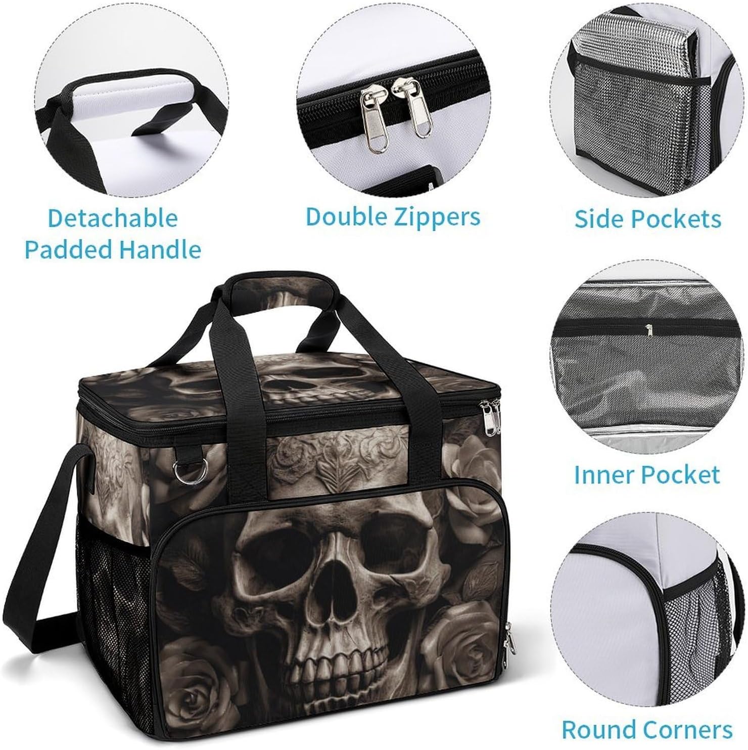 Insulated Picnic Backpack Tote Bag, Large Capacity 30L Leather Rose Skull Cooler Bag Leakproof Beach Bags Portable Lunch Box Waterproof Picnic Basket for Beach Camping BBQ