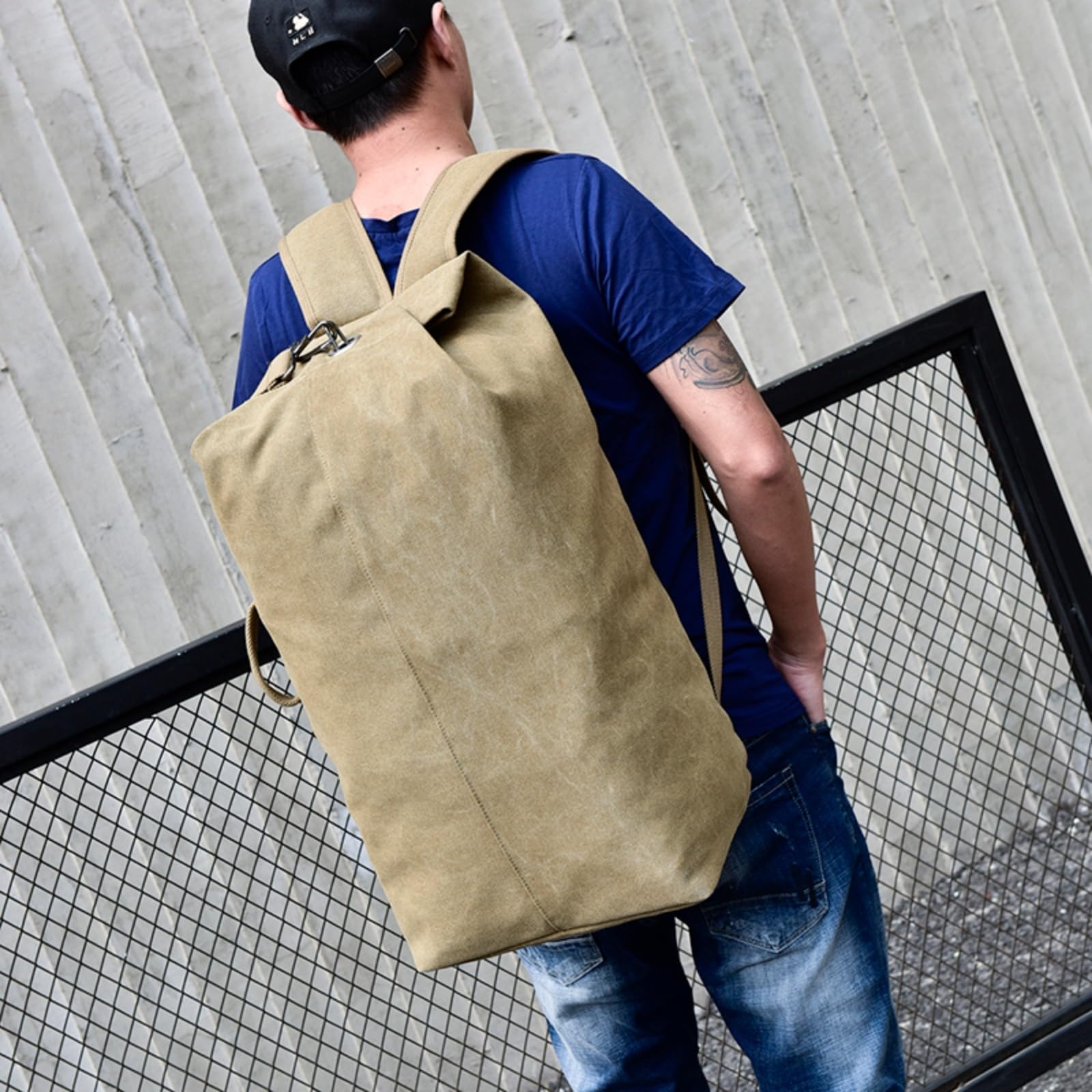 Mochila escolar Zaino A Secchio in Tela di Grande capacità per Gli Uomini, Borsa Spalla Multifunzionale Escursioni All'aperto E nel Fine Settimana Black-Big 30x55x20cm