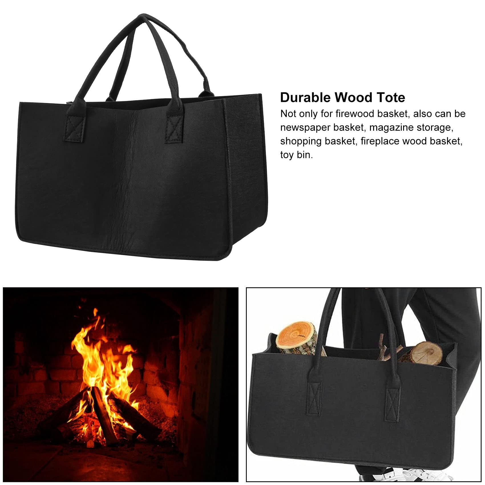 KJKVIVH Fireplace Wood Felt Storage Bag Basket Magazine Rack Firewood Pocket,Felt Foldable Firewood Holder Basket Black - Image 4