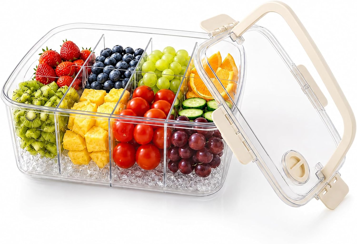 Beach Snack Containers, 8 Compartment Divided Serving Tray with Removable Dividers and Handle, Snackle Box Container for Travel Party Beach Picnic