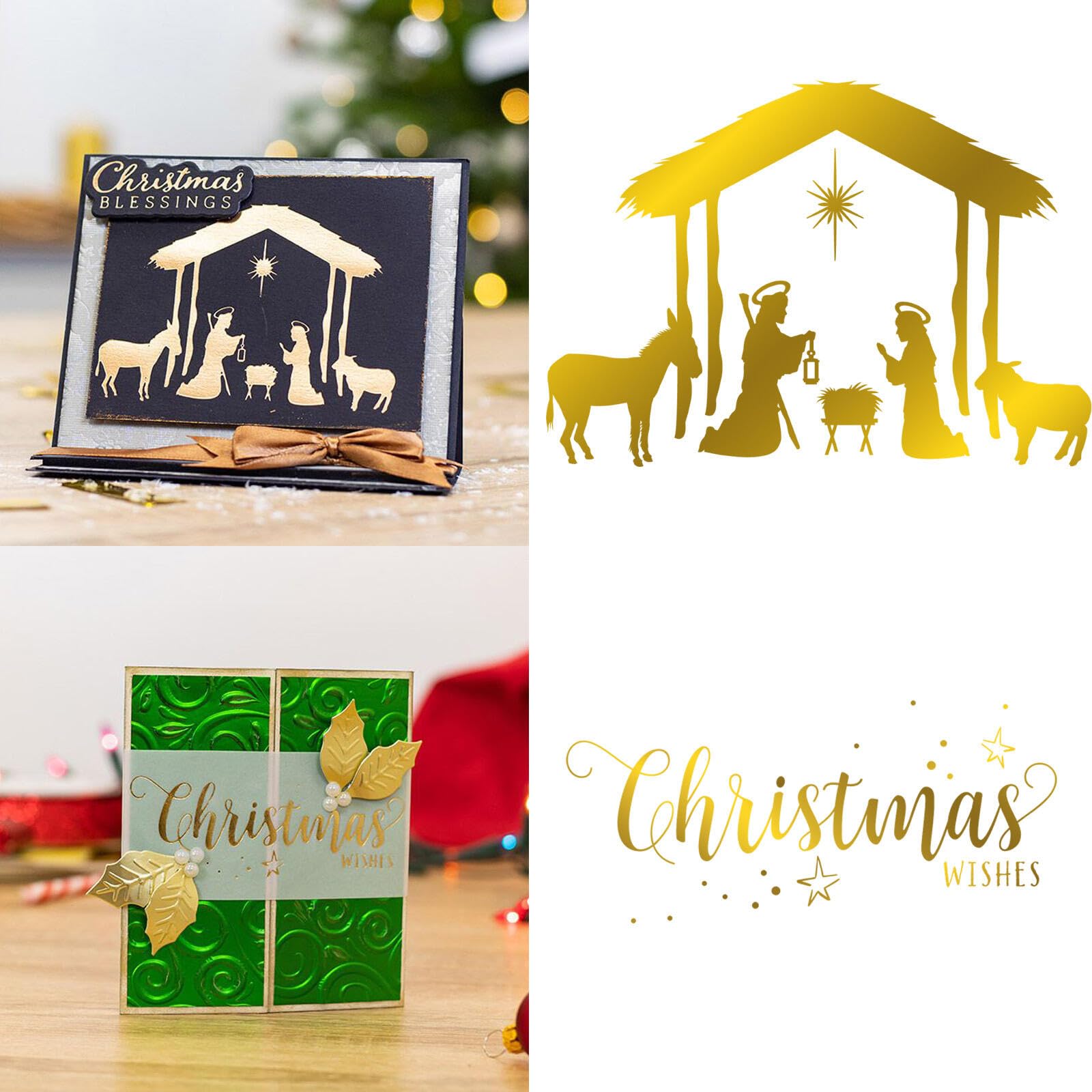 2PCS Glimmer Hot Foil Plate Dies, Holy Family Nativity Christmas Wishes Words Metal Foil Plate Dies for Card Making Paper Crafts Embossing Scrapbooking Arts Crafts