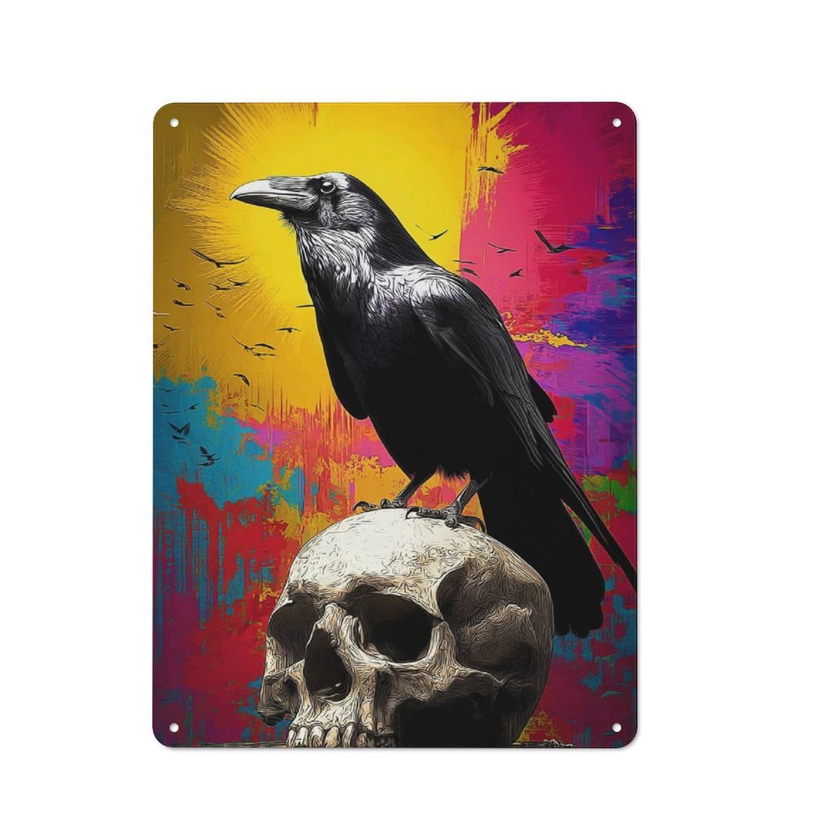 Junmoney Raven Perched On Skull Against Vibrant Backgr Ound Retro Metal Sign 40X30cm, Garage Style Shed Wall Plaque For Garage, Hobby Room, Office Or Man Cave
