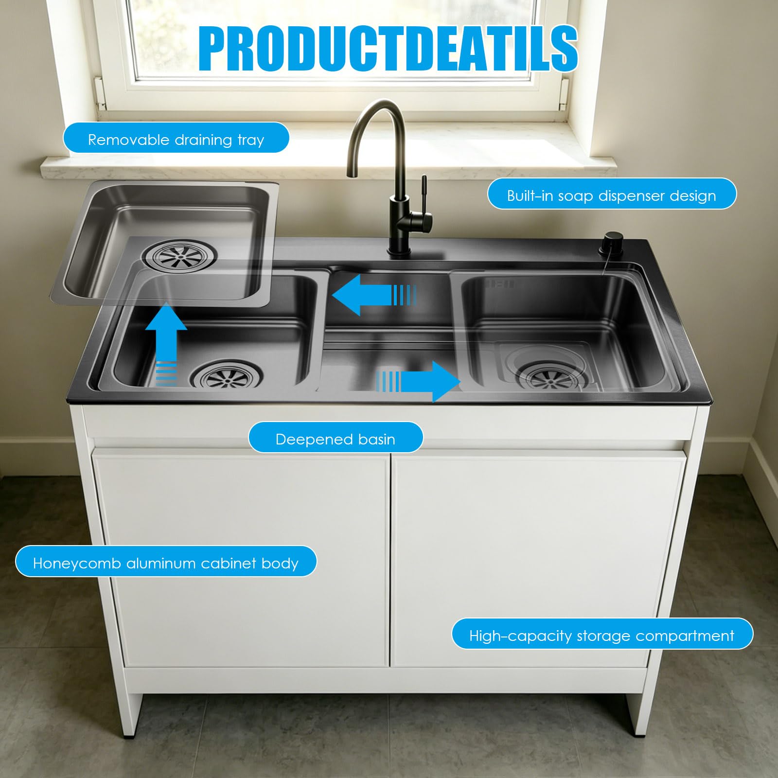 Mueble Fregadero Lavadero, Armario de Aluminio de Nido de Abeja Impermeable con Fregadero de Acero Inoxidable Negro Nano, Lavadero Portante Exterior/Interior con Grifo Cuello de Cisne, Blanco/Gris