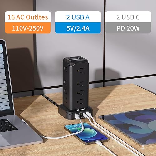 Miniatura 2 de PASSUS Power Tower - Protector de sobretensiones con 4 puertos USB C (2 USB C, PD20W), cable de extensión largo de 1625 W  13 A con 16 salidas de