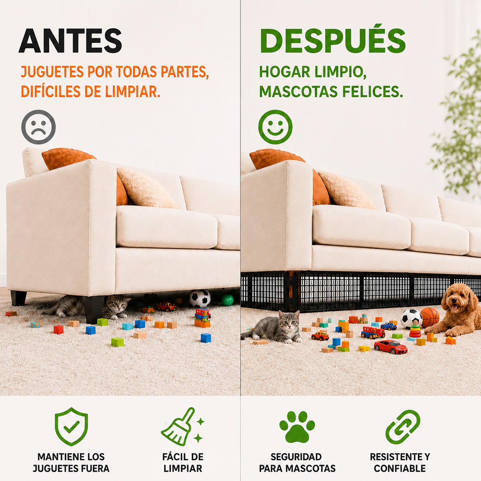 12 Piezas Bloqueador de Juguetes Debajo Sofa para Mascotas, Ajustable Bloqueador Bajo Cama & Sillón, Barrera Plástica Huecos, Protector Muebles con 20 Bridas