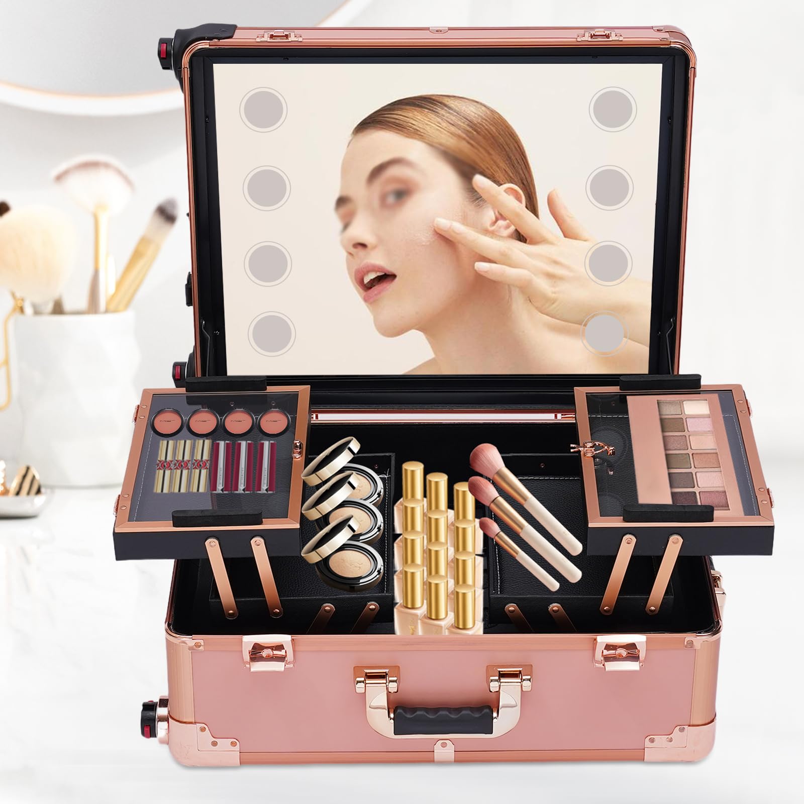 Schminkkoffer Trolley Kosmetik-Zug Tisch Verstellbare Pro-Schminkstation Make up Organizer Portable Makeup Train Case Cosmetic Box Aufbewahrungsbox mit 4 Rollen, LED-Licht & Stützbein