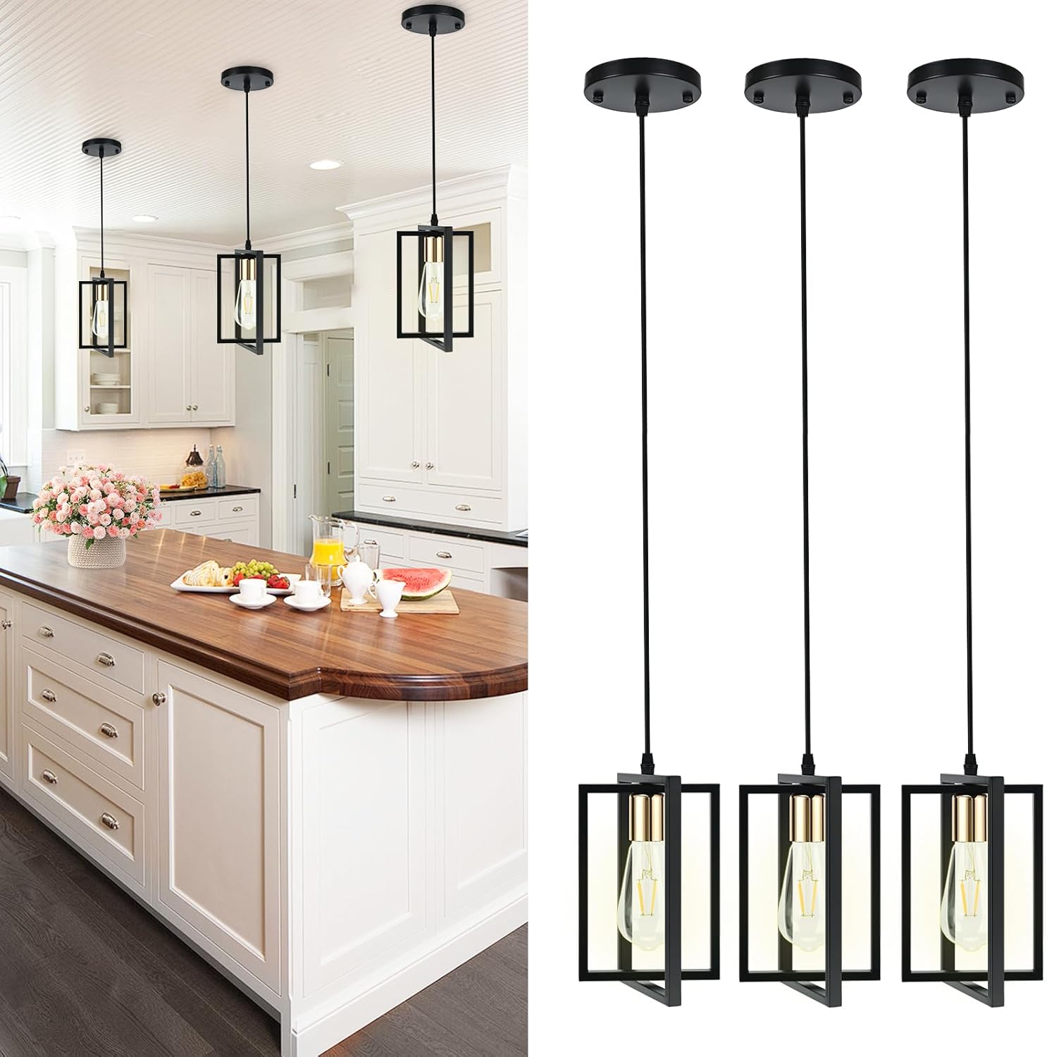 3 Pack Black Pendant Lights Kitchen Island, Industrial Island Lights for Kitchen with Durable Metal Shades, Kitchen Island Lighting for Dining Room, Entryway, Restaurant