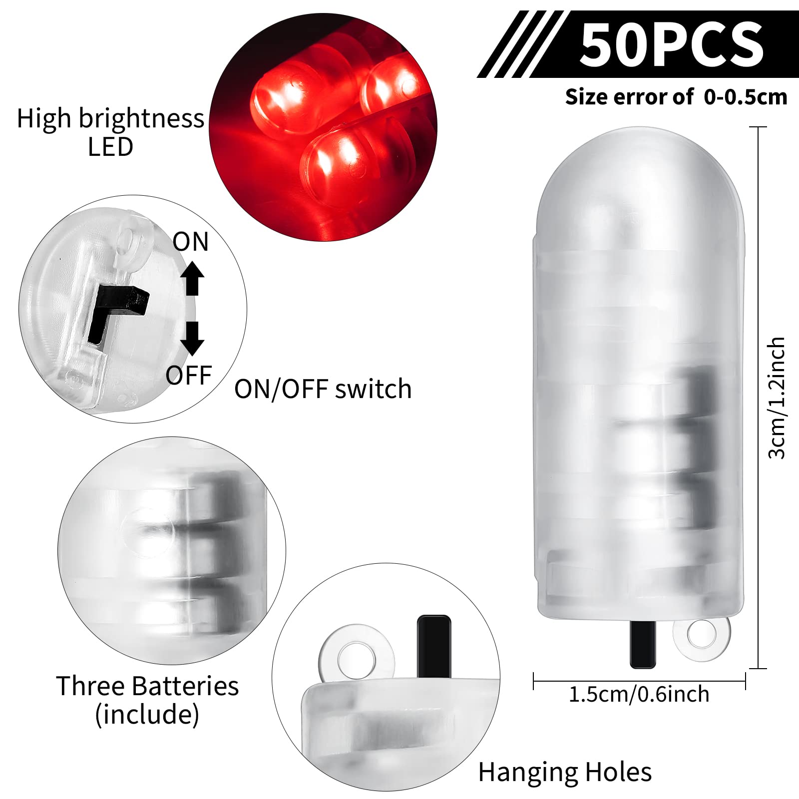 Mudder 50 Pieces LED Balloon Lights Mini Battery Powered LED Lights Bulbs for Pumpkin Paper Lantern Balloon Wedding Halloween Christmas Party Decoration (Red Light, 50 Pieces)