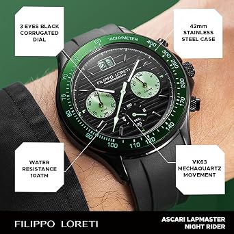FILIPPO LORETI | ラップマスター - メンズレーシングウォッチ 100M メンズウォッチ - 42mmステンレススチールケース - ギフト, ブラックダイヤル - グリーンベゼル - ブラックラバーストラップ, スポーツ。