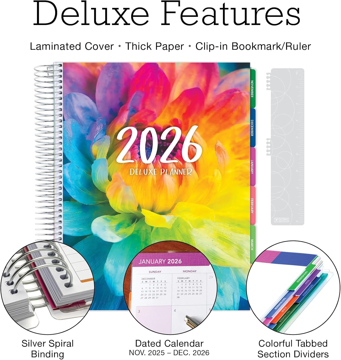 DELUXE 2026 Planner, 8.5"x11": 14 Months (November 2025 - December 2026), Includes Page Tabs, Bookmark, Planning Stickers, Pocket Folder Daily Weekly Monthly Planner Yearly Agenda (Rainbow Petals)