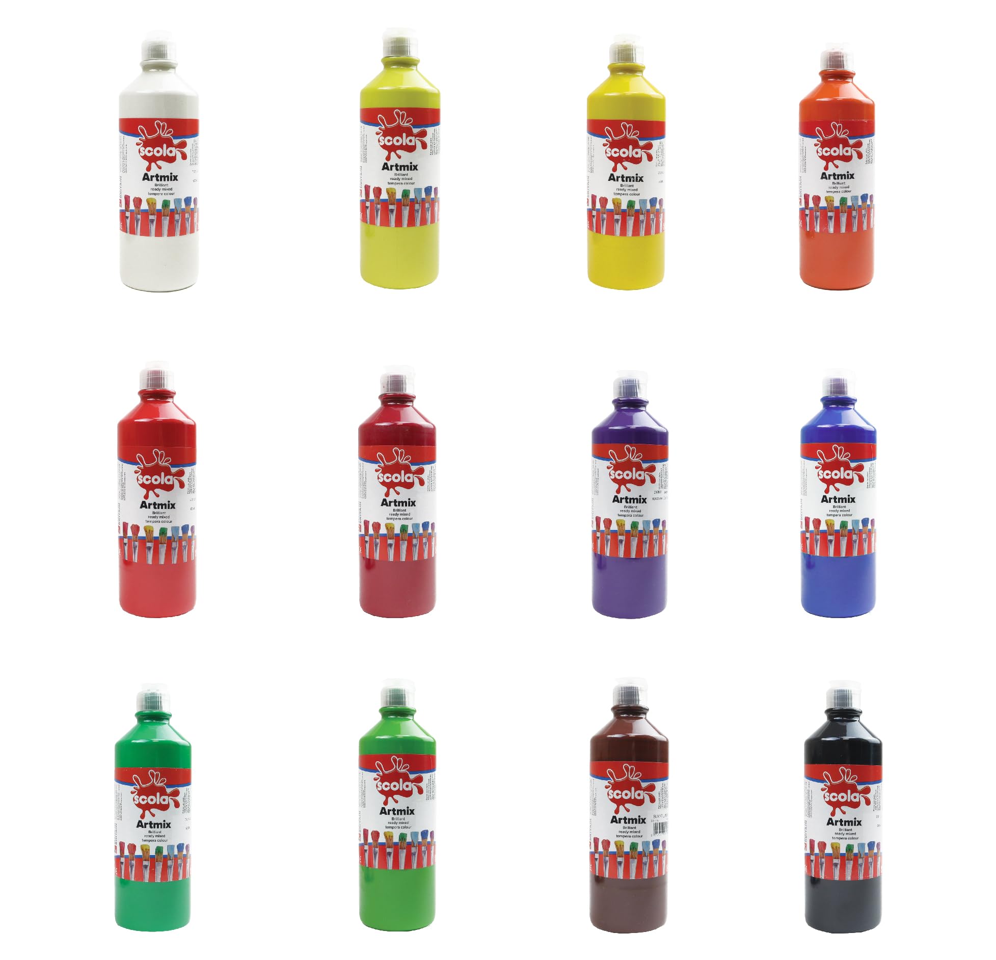 Scola Readymix Water Based Tempera Paint, 12 Assorted Bright Colours, 600ml Bottles, Safe Non-Toxic Poster Paints, Craft Projects, Suitable for 3+